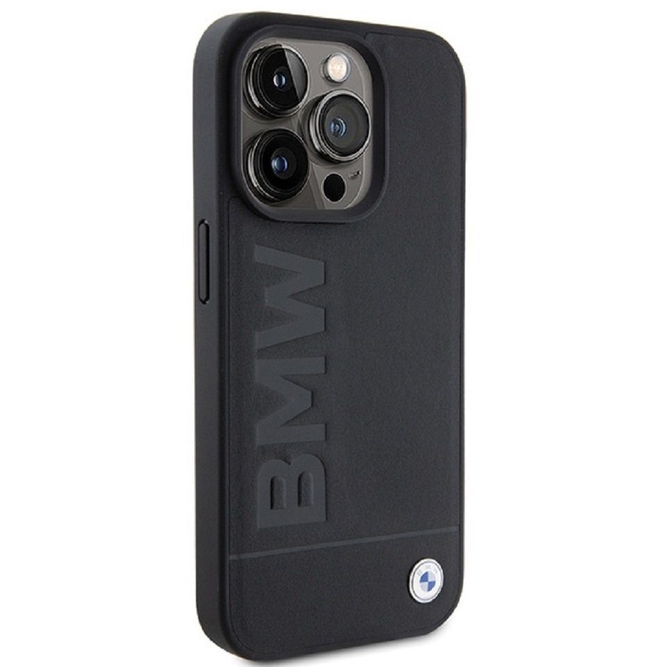 BMW Handyhülle Case iPhone 15 Pro Max Echtleder schwarz Logo Metall 6,7 Zoll, Kantenschutz