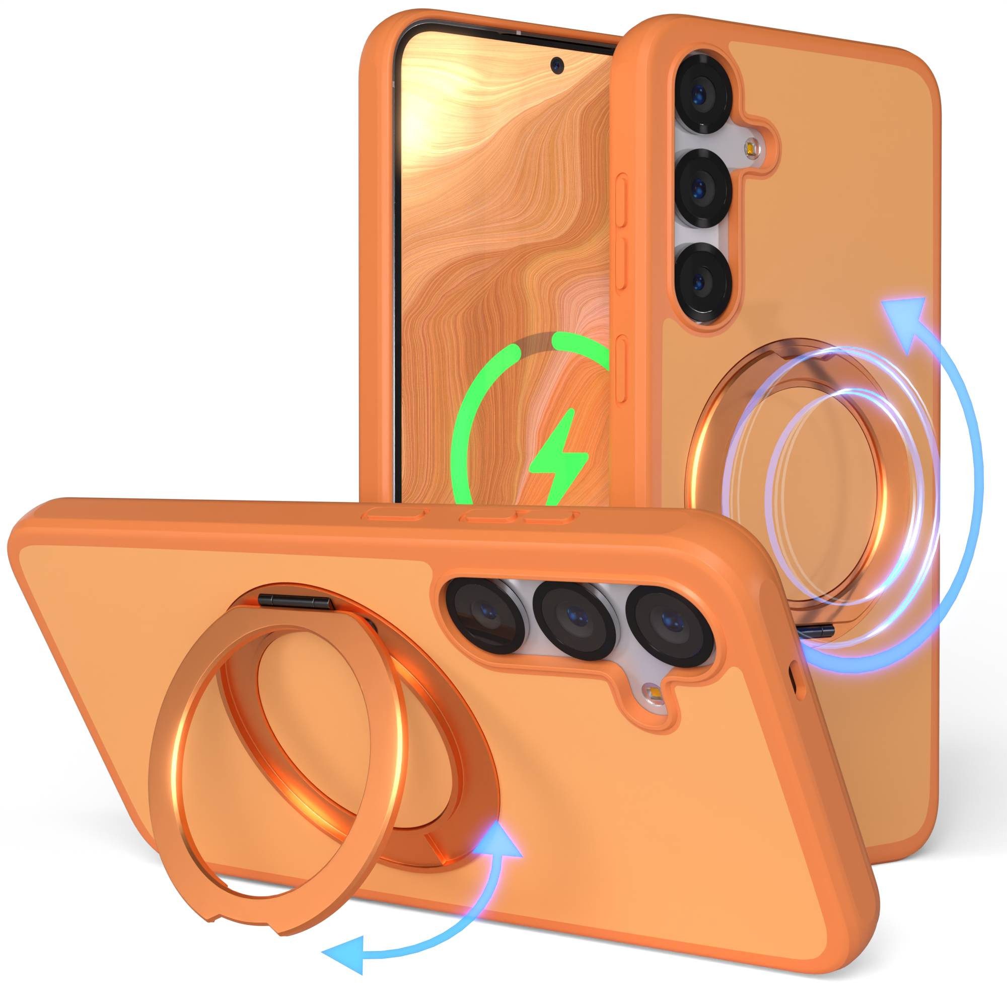 EAZY CASE Handyhülle Outdoor Galaxy S25 Plus Case mit MagSafe Ring 6,7 Zoll, Slimcover Handyhülle Outdoor zum Aufstellen mit Ring modern in Orange