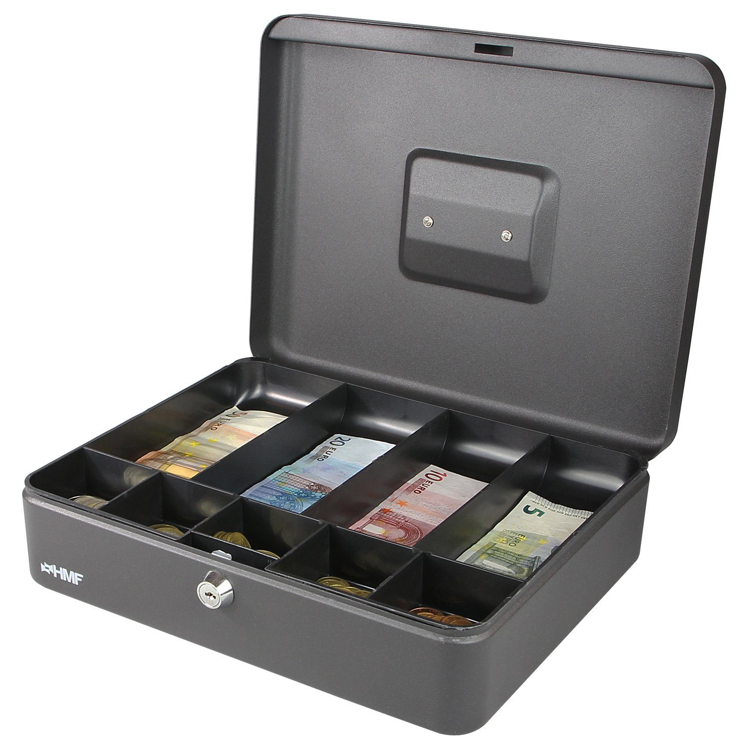 HMF mit robuste 30x24x9cm mit Münzeinsatz Bargeldkasse Schlüssel, und abschließbare Scheinfach, Geldkassette Geldbox schwarz
