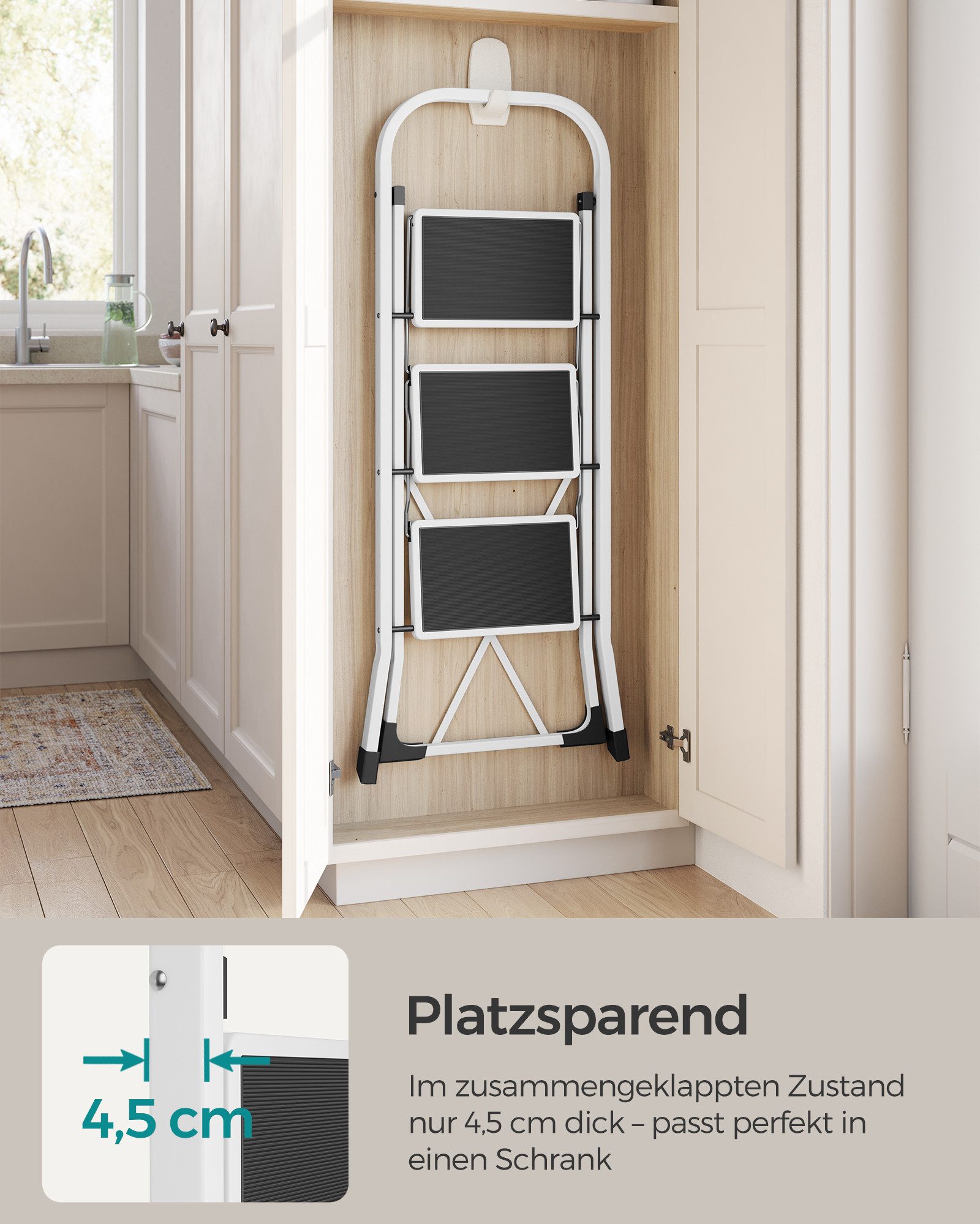 SONGMICS Trittleiter Leiter, Klappsicherung, einfach zu verstauen, bis 150 kg belastbar, mit 3 Stufen, Klapptritt, 74,5 x 46,5 x 105 cm (T x B x H)