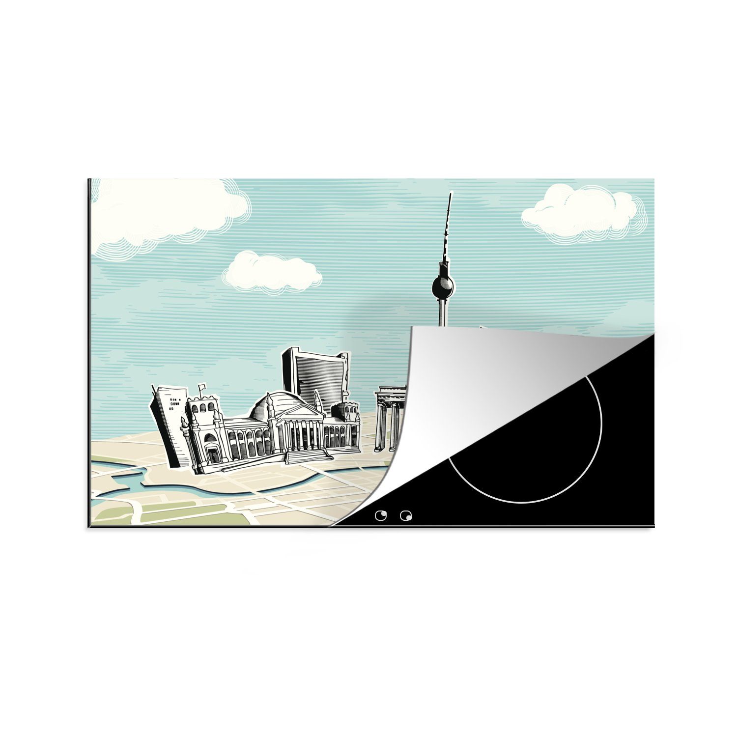 MuchoWow Herdblende-/Abdeckplatte Illustration der Sehenswürdigkeiten in Berlin auf der Karte, Vinyl, (1 tlg), 83x51 cm, Ceranfeldabdeckung, Arbeitsplatte für küche