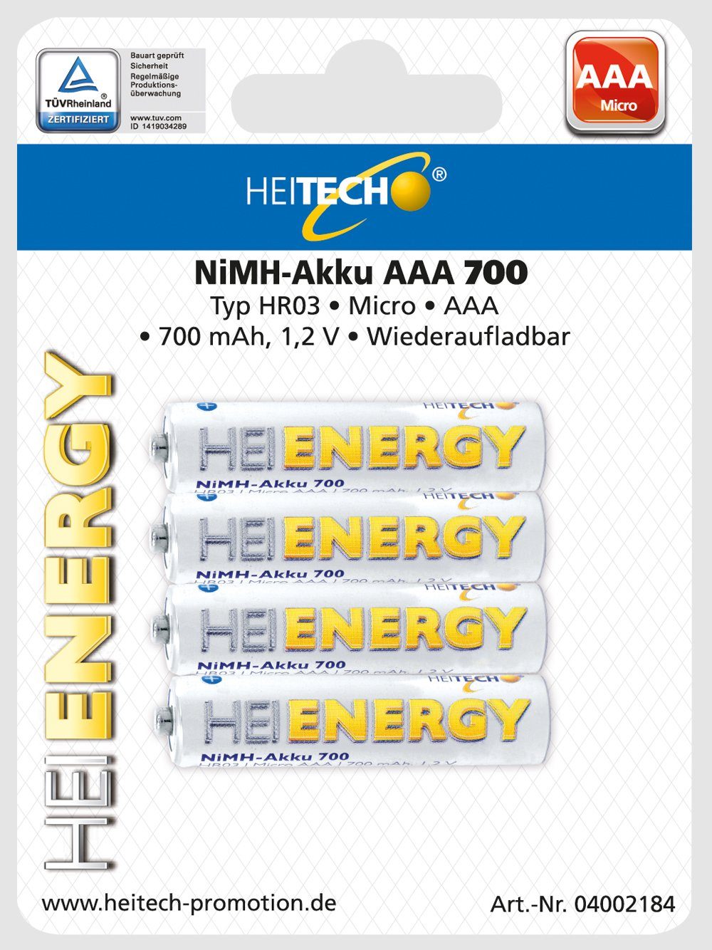 HEITECH 4er Pack NIMH-Akku, Micro/AAA / HR03 700 mAh Wiederaufladbar Batterie Batterie, (4 St)