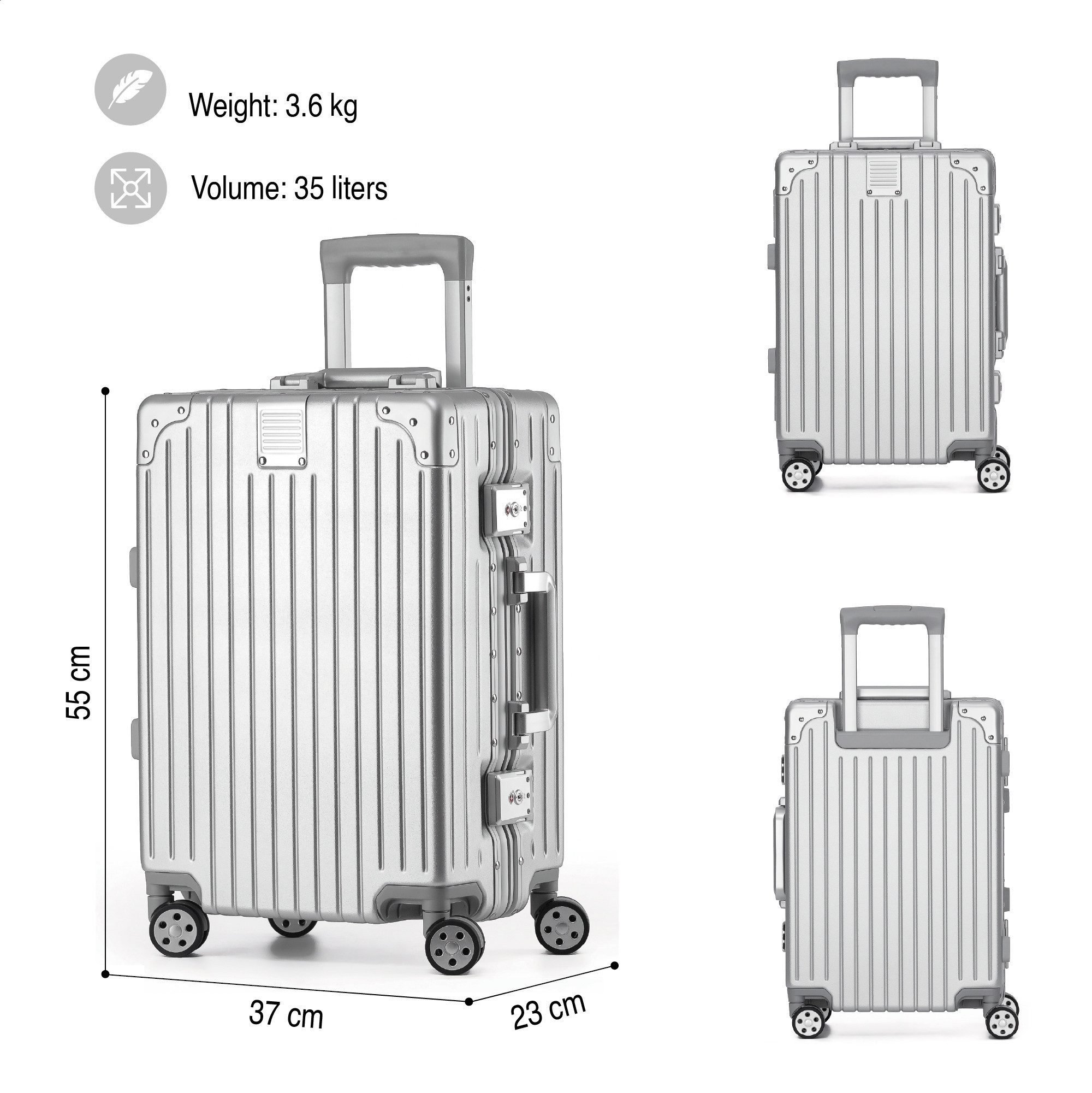 KOFA Handgepäckkoffer ZURICH, 55cm Alu-Rahmen & Polycarbonat-Hartschale, 4 Rollen, TSA Schloss