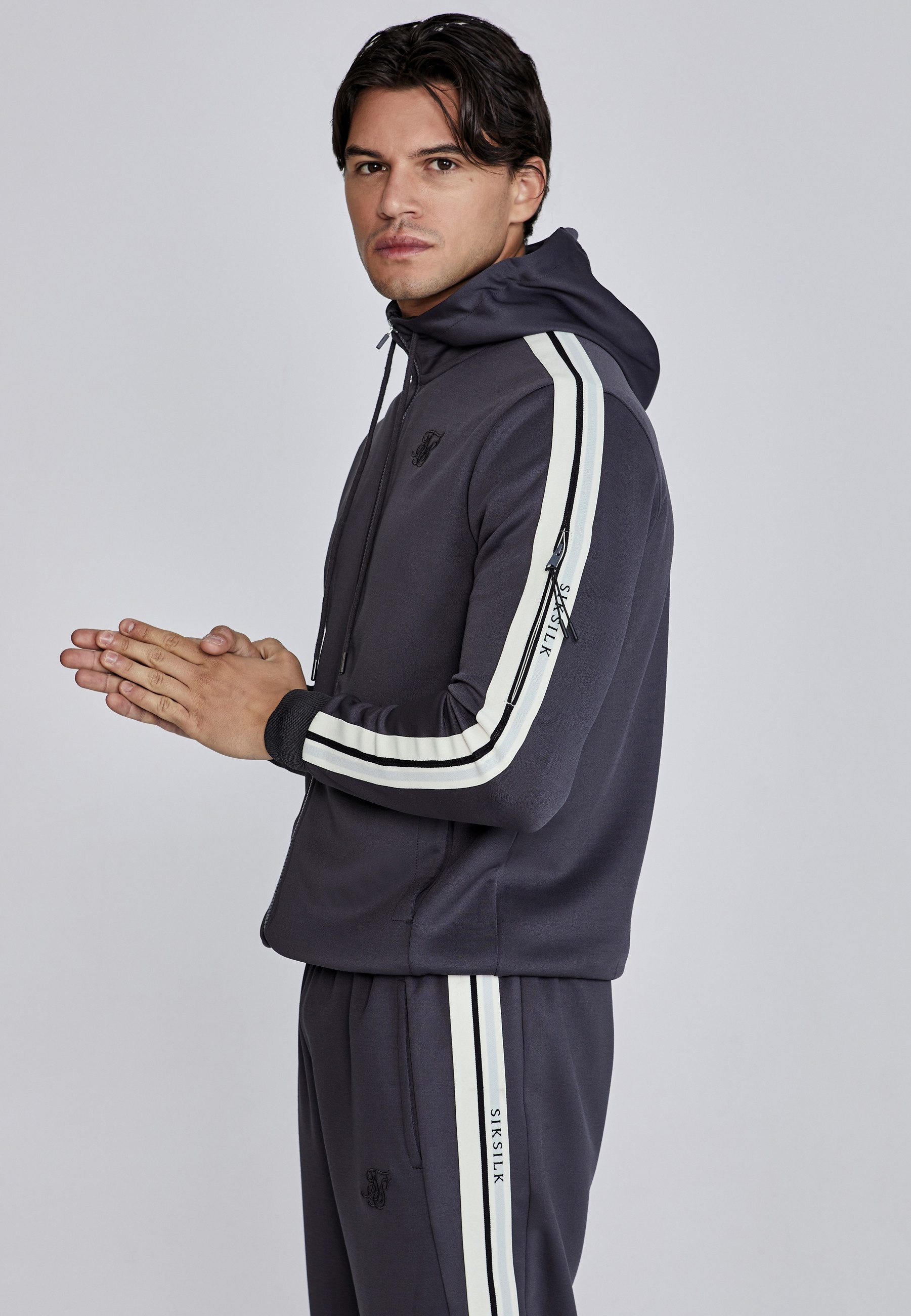 Hoodie SikSilk Herren Grauer Full Zip Kapuzenpullover
