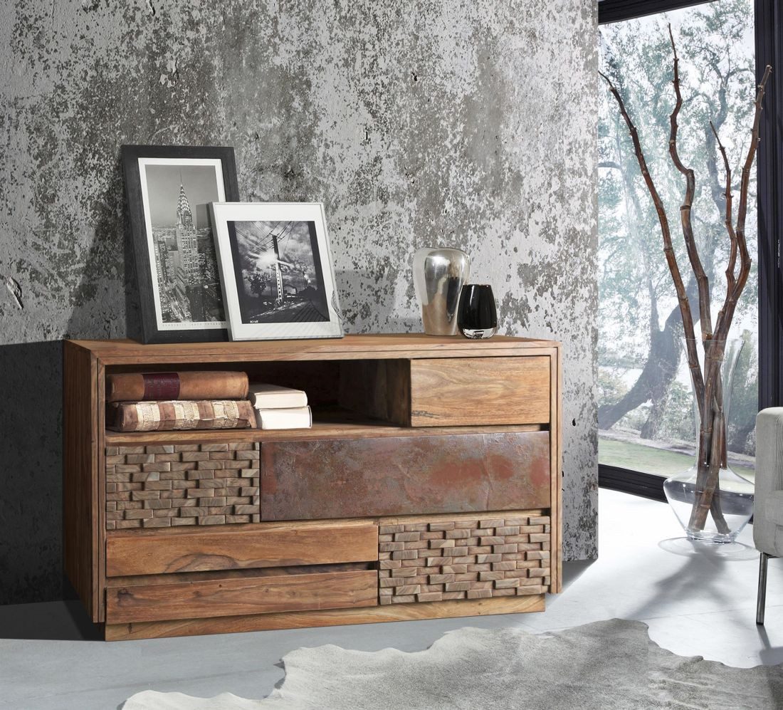 WOLFMÖBEL Sideboard (145x45x80), BRICK Kommode 5 Holz- / 1 Rostschublade / 1 Ablage