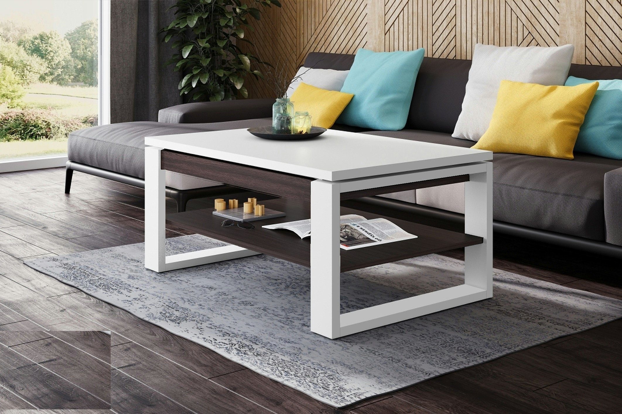 designimpex Couchtisch Design Couchtisch Multifunktion Arbeitstisch Tisch Nuo Ablage Esstisch Weiß matt - Walnuss Wenge