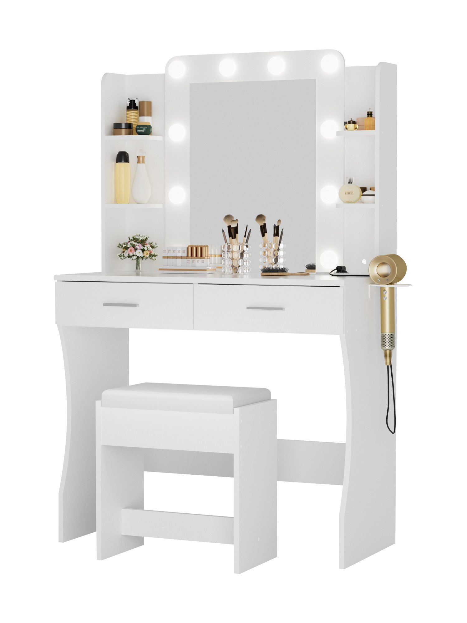 Schminktisch mit LED-Spiegel & Hocker - 6 Ablagen, 2 Schubladen, weiß