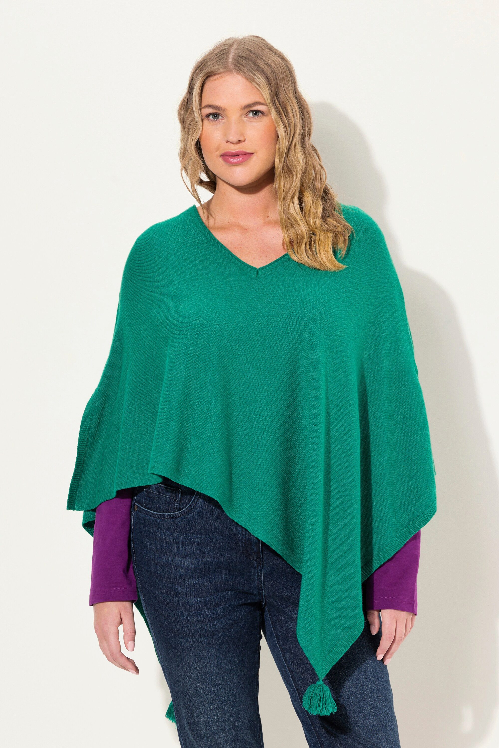 Ulla Popken Strickpullover Strick-Poncho Zipfelsaum Quaste günstig online kaufen