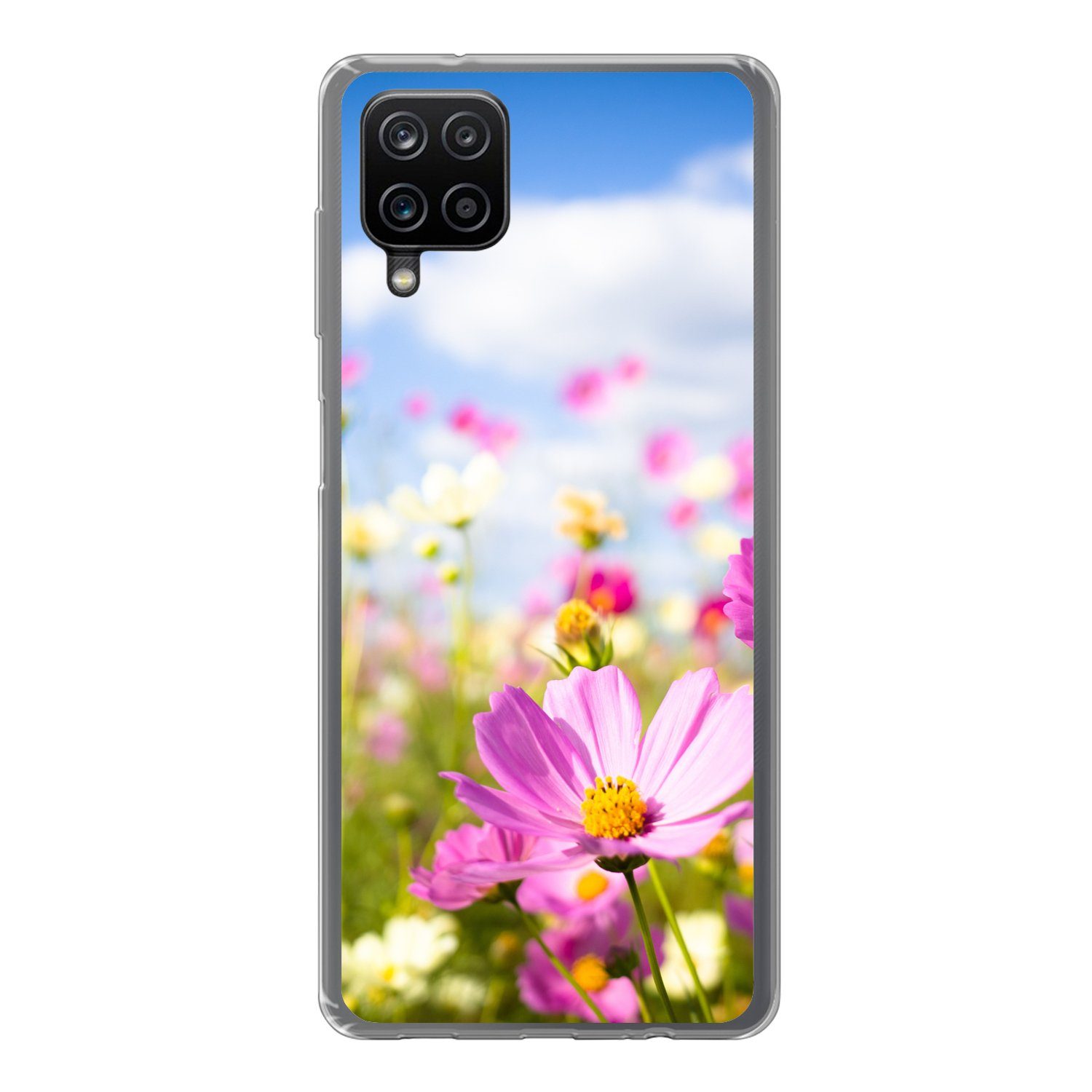 MuchoWow Handyhülle für Samsung Galaxy A12 Blumen - Wiese - Lila - Gras - Weiß - Wolken -, Smartphone-Bumper, Print, Handy Schutzhülle Dünn