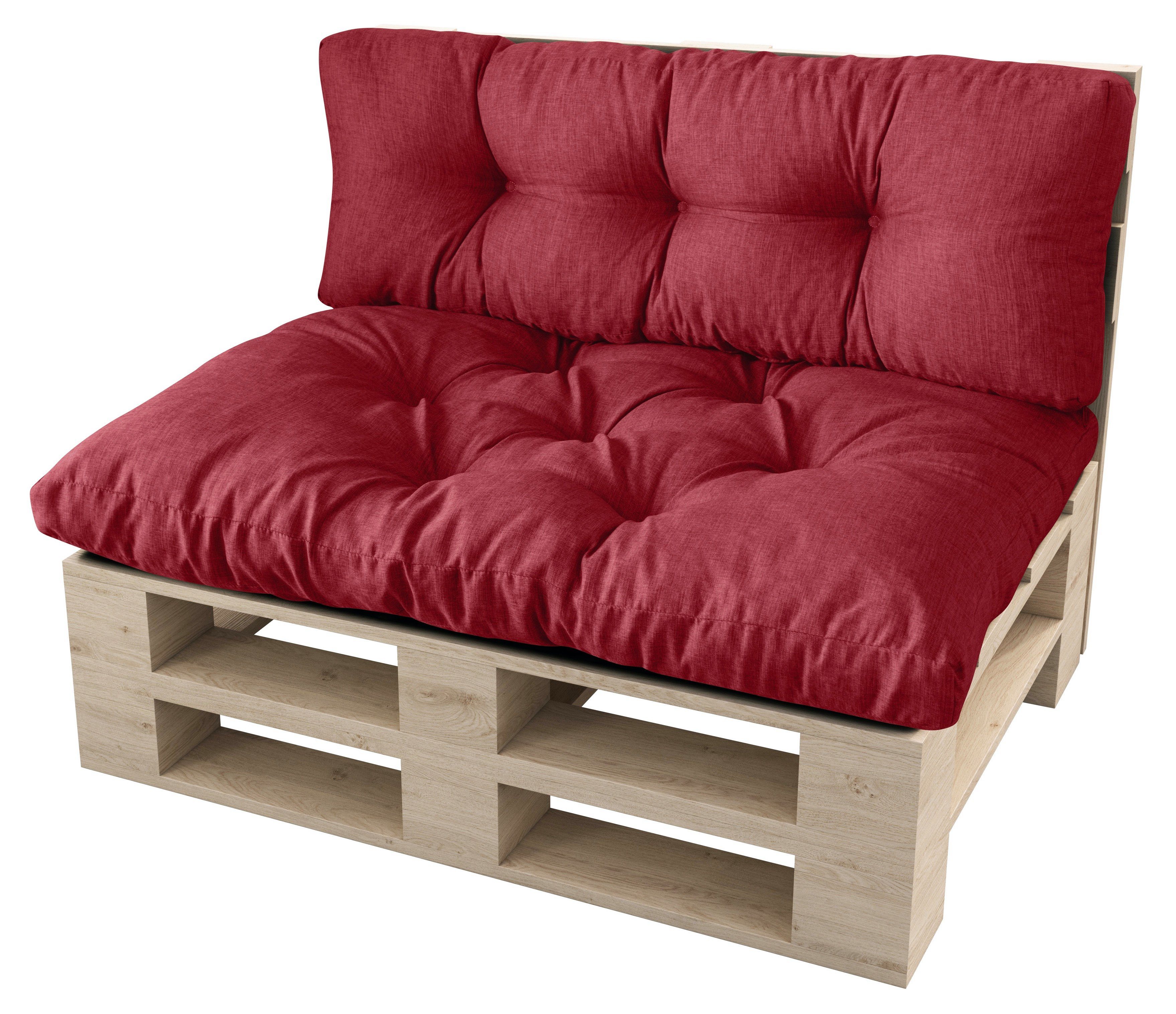 sunnypillow Palettenkissen Malmo - Set Sitzkissen 120x80x12 + Rückenkissen 120x40x15, palettenmöbel palettencouch polsterauflage Rot