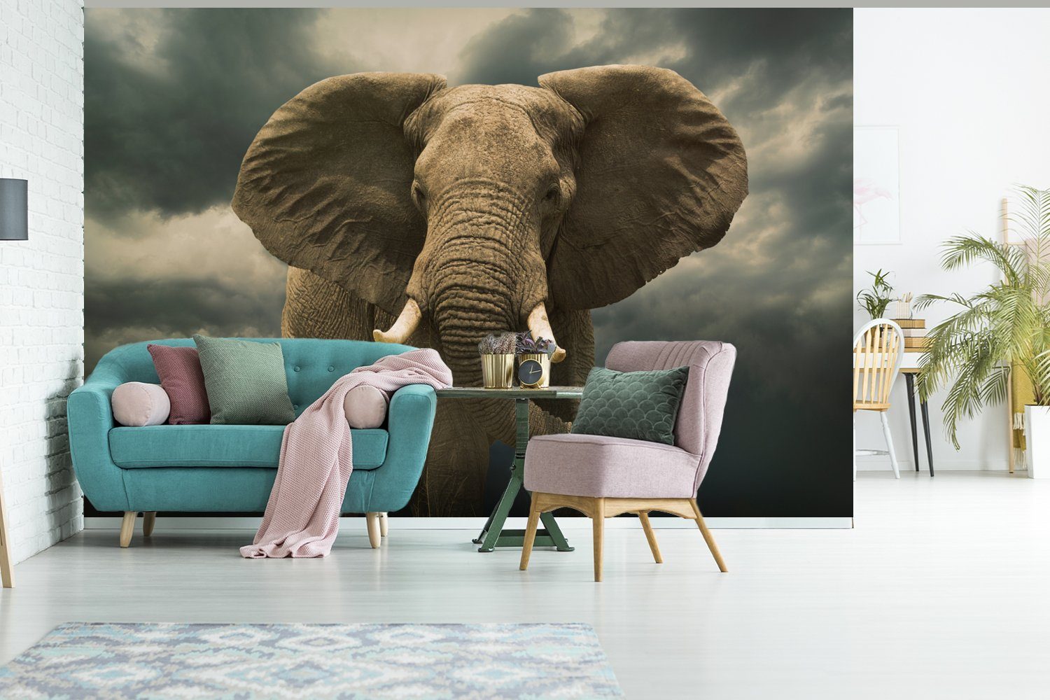 die St), Vinyl für Fototapete Afrikanischer Elefant Wolken, bedruckt, Wohnzimmer, gegen Wallpaper Tapete dunklen Matt, (6 Schlafzimmer, MuchoWow Kinderzimmer,