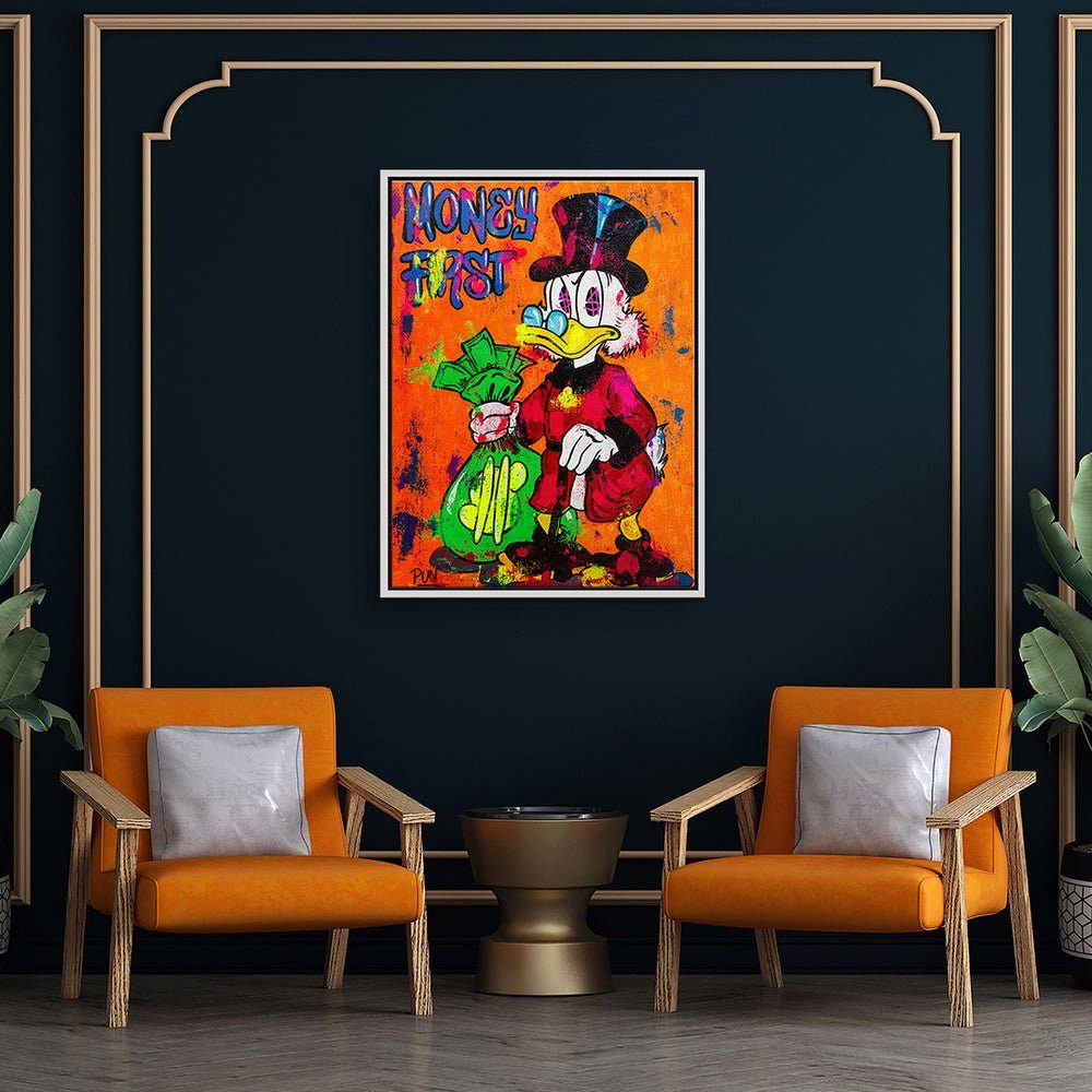 Dagobert weißer Leinwandbild, McDuck orange Rahmen money Duck Bür DOTCOMCANVAS® first Scrooge Comic Leinwandbild