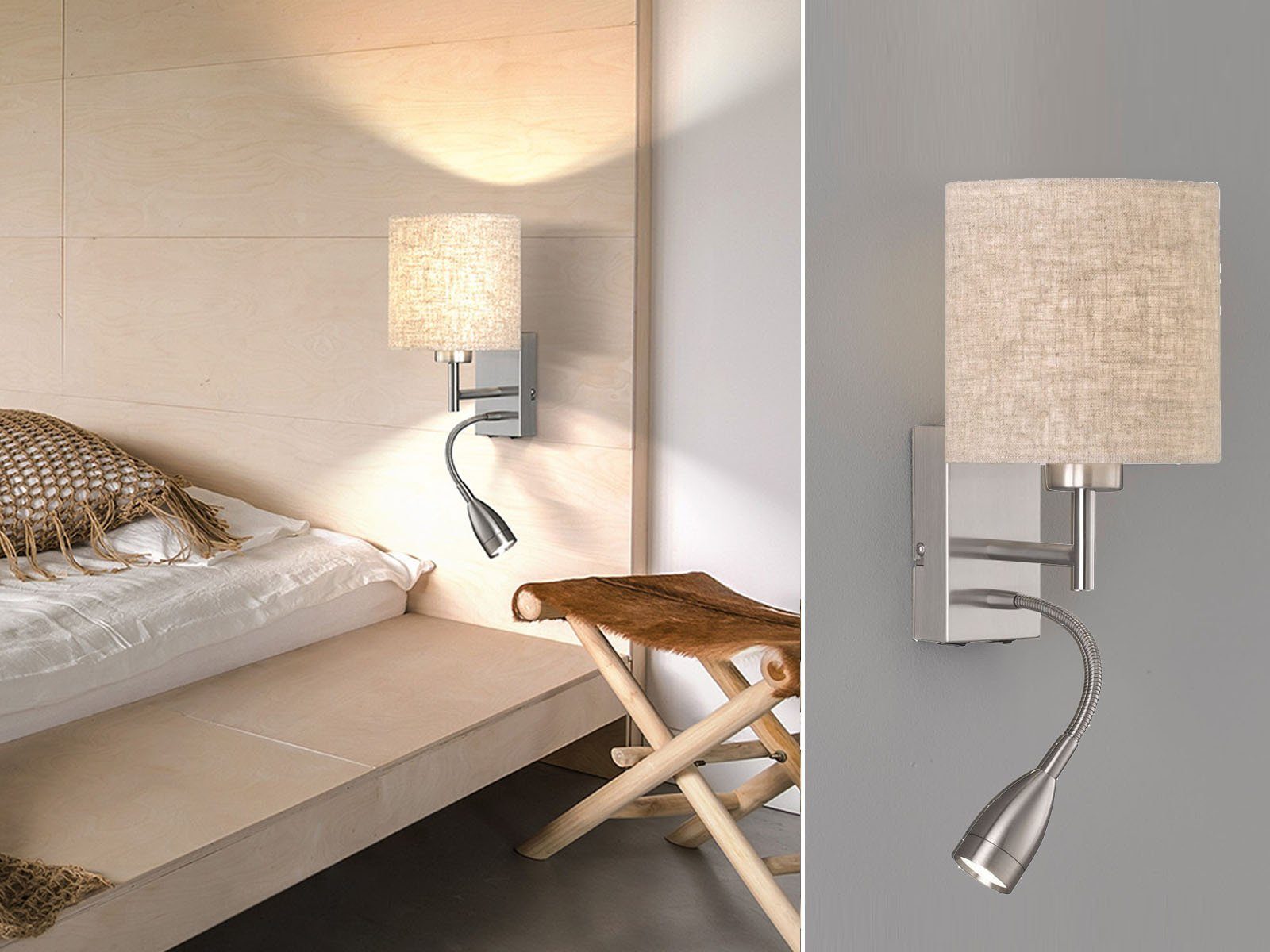 FISCHER & HONSEL LED Leselampe, LED wechselbar, LED fest integriert, Warmweiß, Wandleuchte innen Lampenschirm Stoff & Schalter, Bett-Lampe Nachttisch