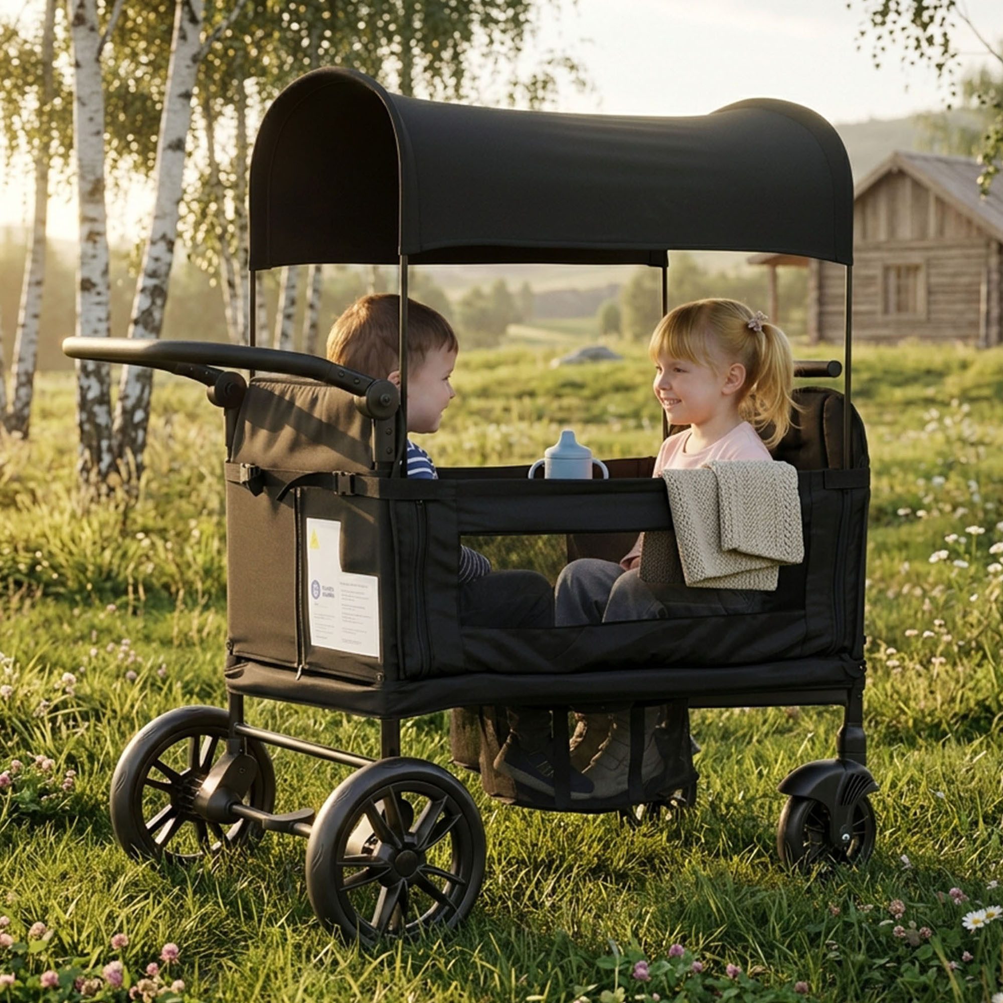 Flieks Bollerwagen, Faltbarer Bollerwagen für 2 Kinder mit Sonnendach & Sicherheitsgurt