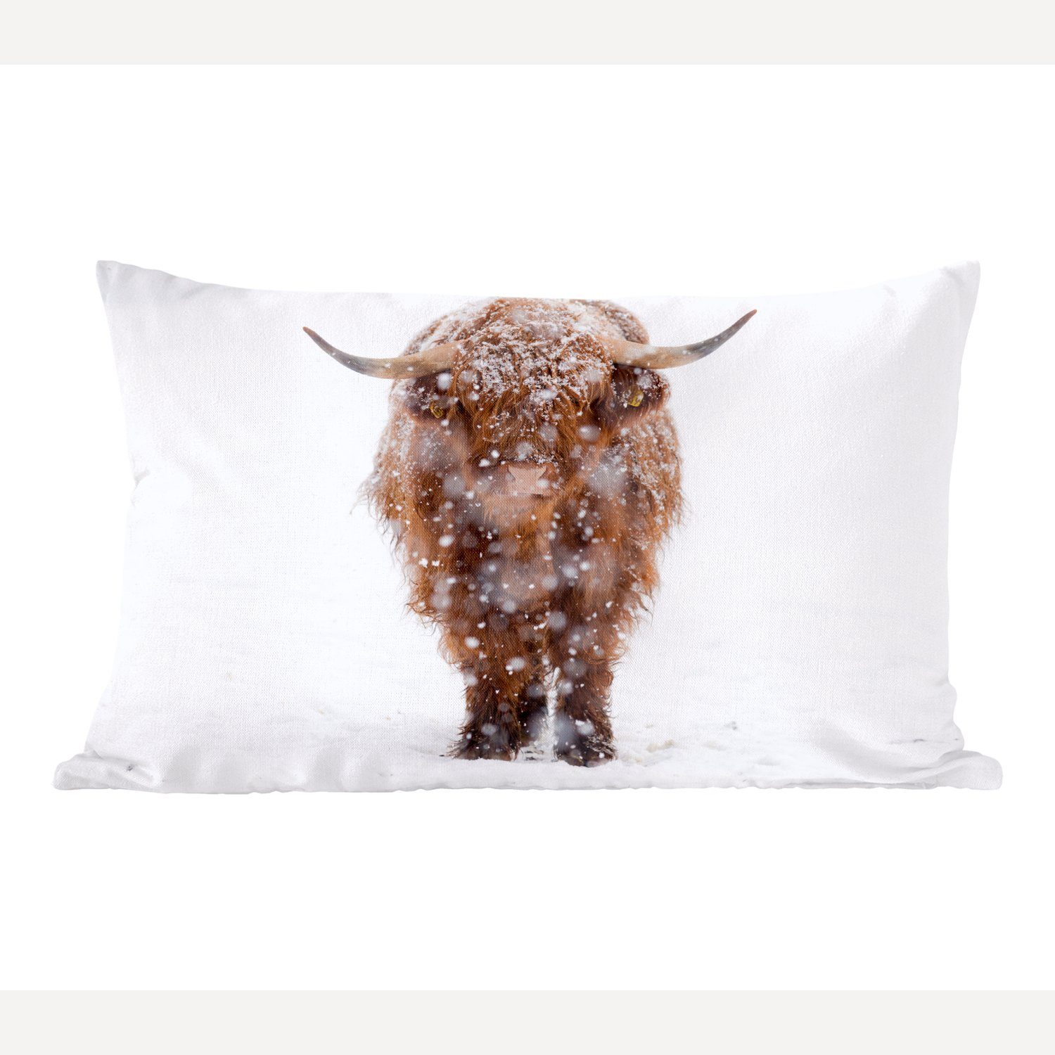 MuchoWow Dekokissen Schottischer Highlander - Wohzimmer Schnee, Dekoration, Dekokissen Schlafzimmer mit Zierkissen, - Kuh Füllung