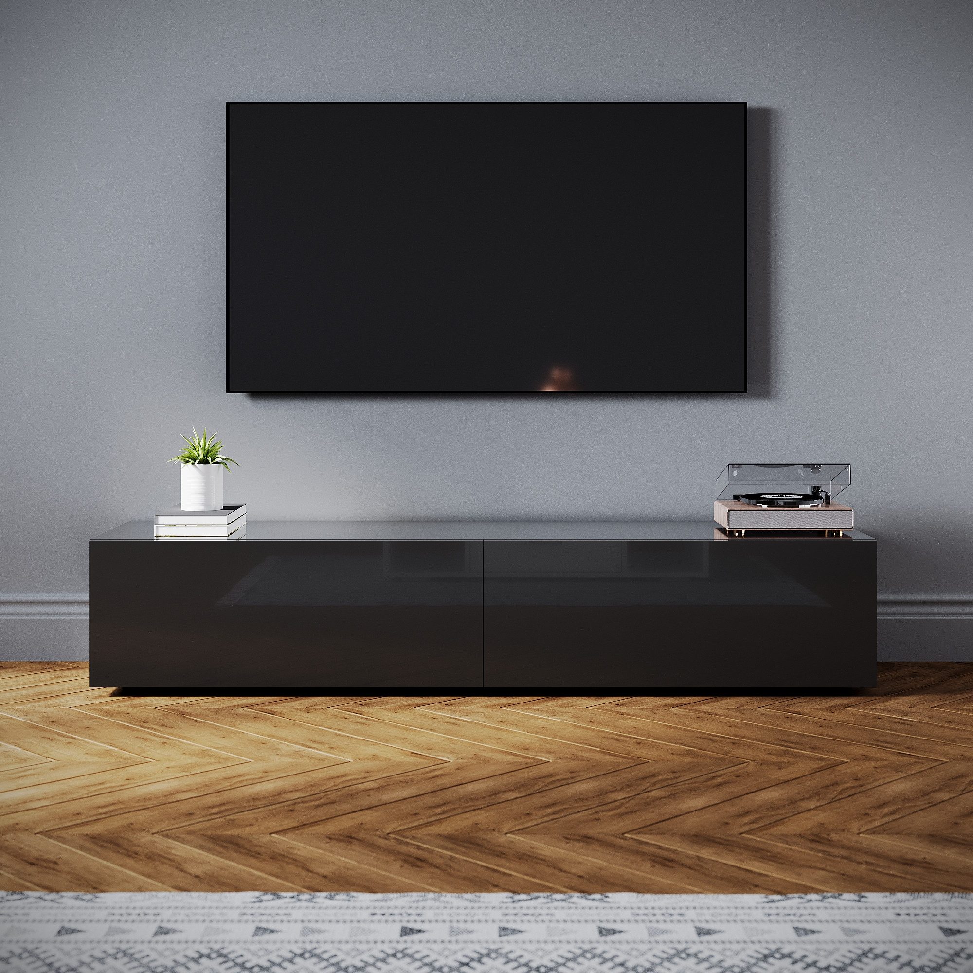 SONNI TV-Schrank Lowboard TV Schrank Schwarzer Hochglanz mit Klapptür – Bild 3 von 5
