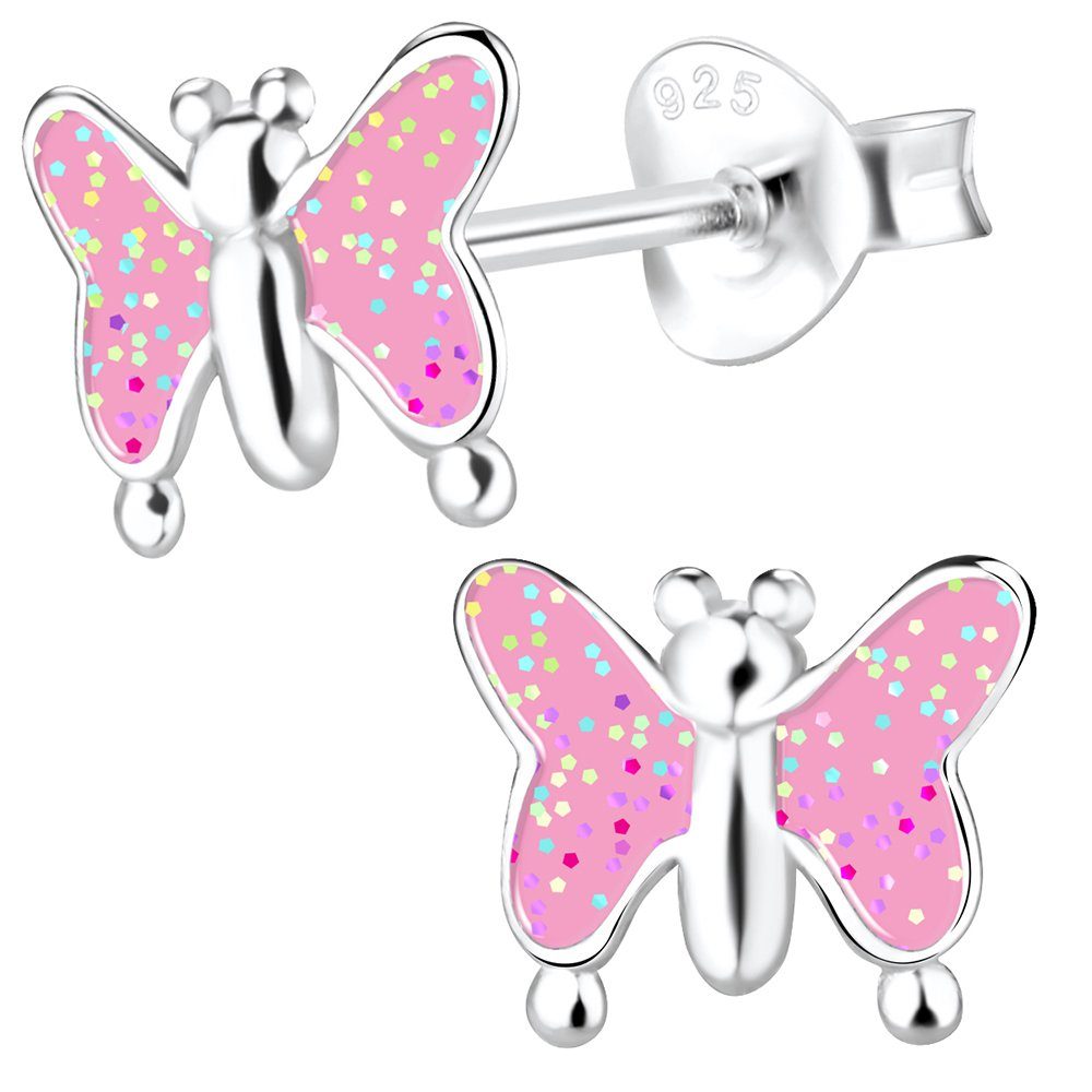 Mädchen Limana K315o+P9 Schmetterling, Ohrringe Silber Sterling 925 Pferde echt Kinder Einhorn Glitzer Ohrstecker-Set