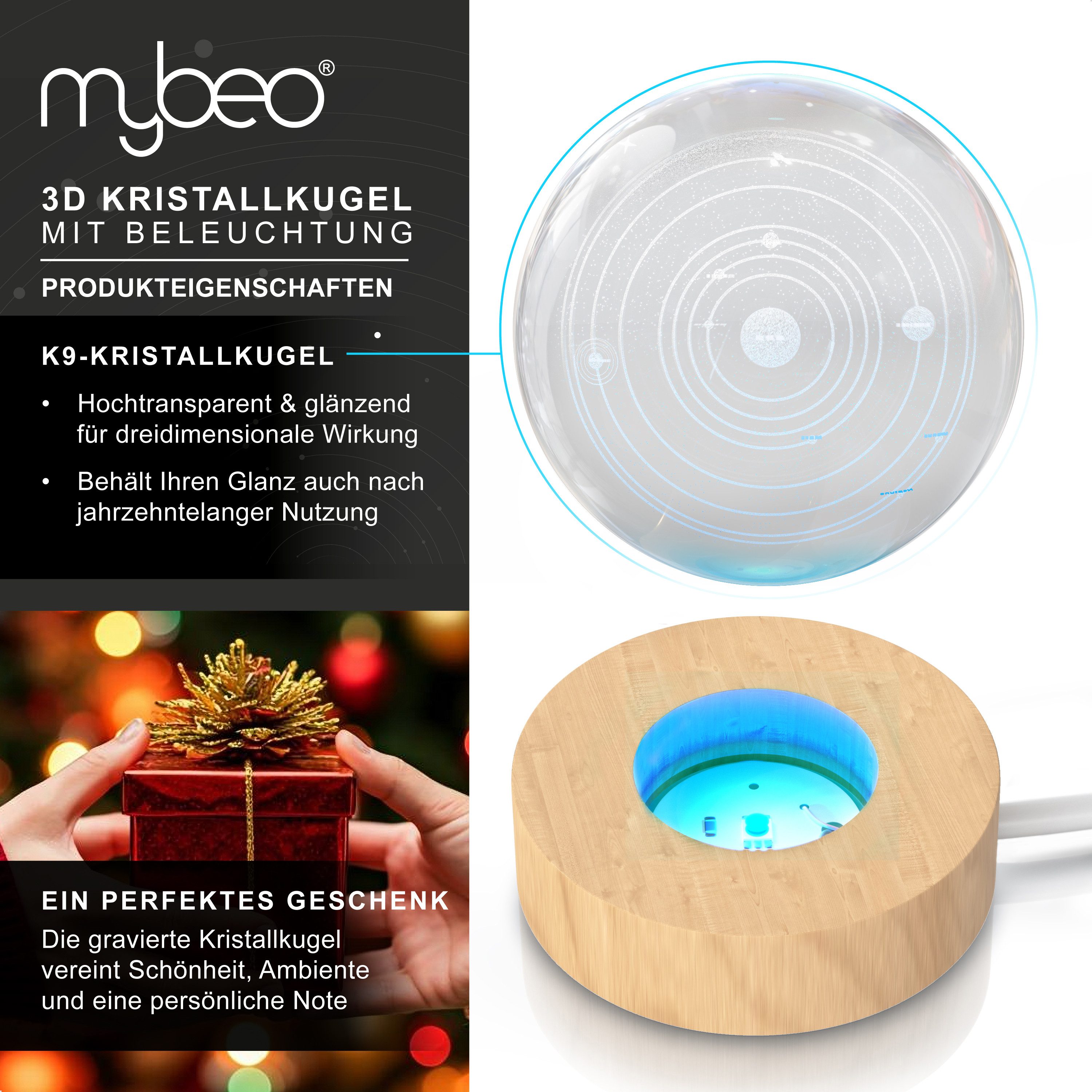 MyBeo LED Dekolicht 3D Glaskugel, Leuchtende Kristallkugel mit Gravur, Nachtlicht Skulptur, Farbwechsel, LED fest integriert, Farbwechsler, RGB LED, K9 Kristall, 6 cm ⌀, Holzsockel, geringer Energieverbrauch