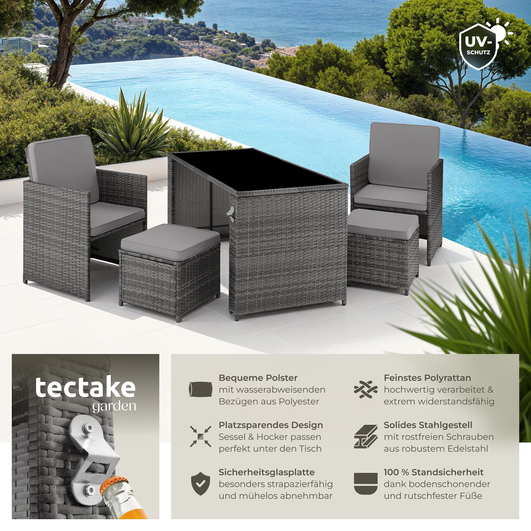 tectake Sitzgruppe Rattan-Gartenlounge für 2 bis 4 Personen, inklusive Flaschenöffner, (Loungeset Palermo, 5-tlg., für Außen in Grau), widerstandsfähig, UV-beständig, mit Sicherheitsglasplatte