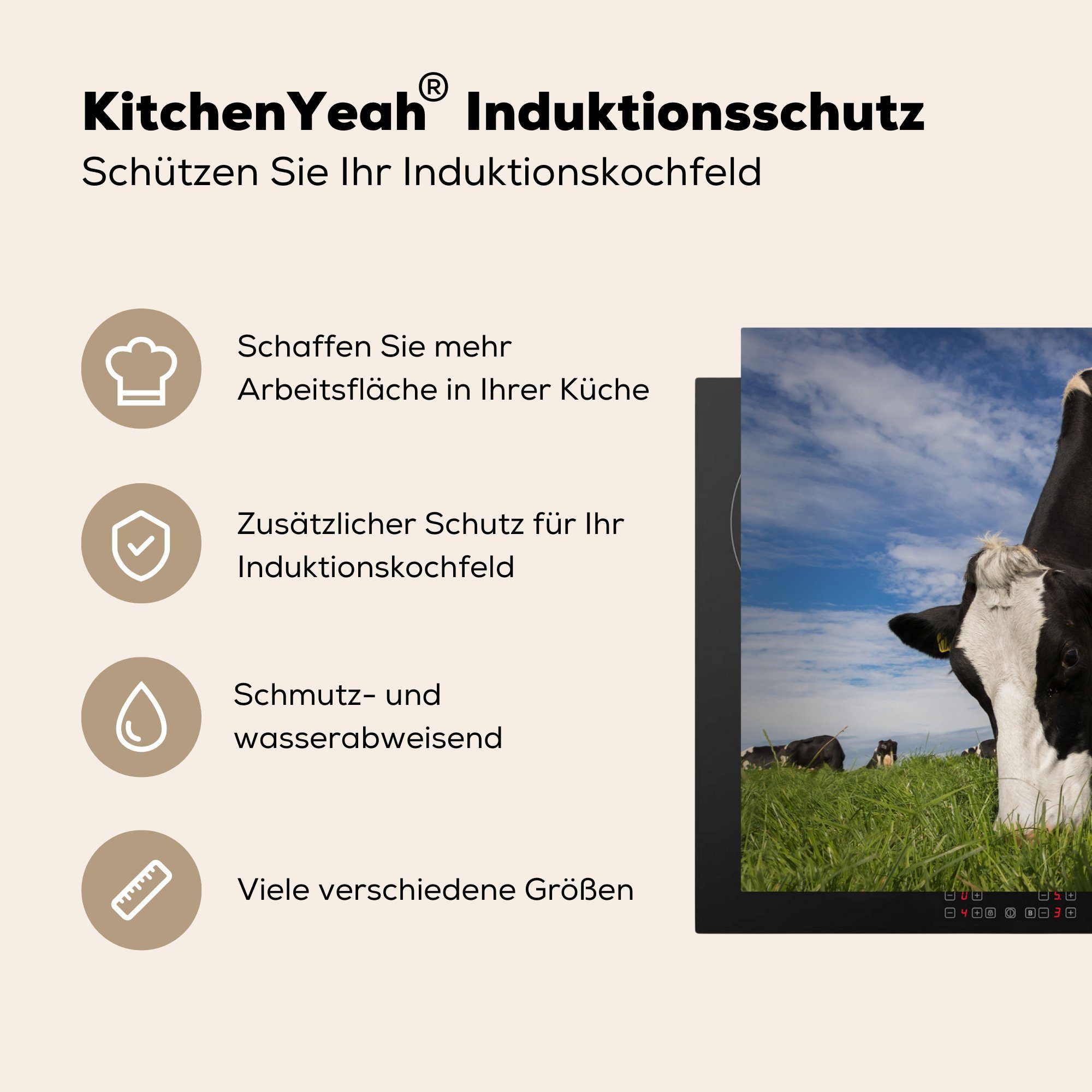 MuchoWow Herdblende-/Abdeckplatte Kuh Schwarz Schutz tlg), die Weiß Lebensmittel, für küche, - - 81x52 cm, Vinyl, Ceranfeldabdeckung (1 - Induktionskochfeld