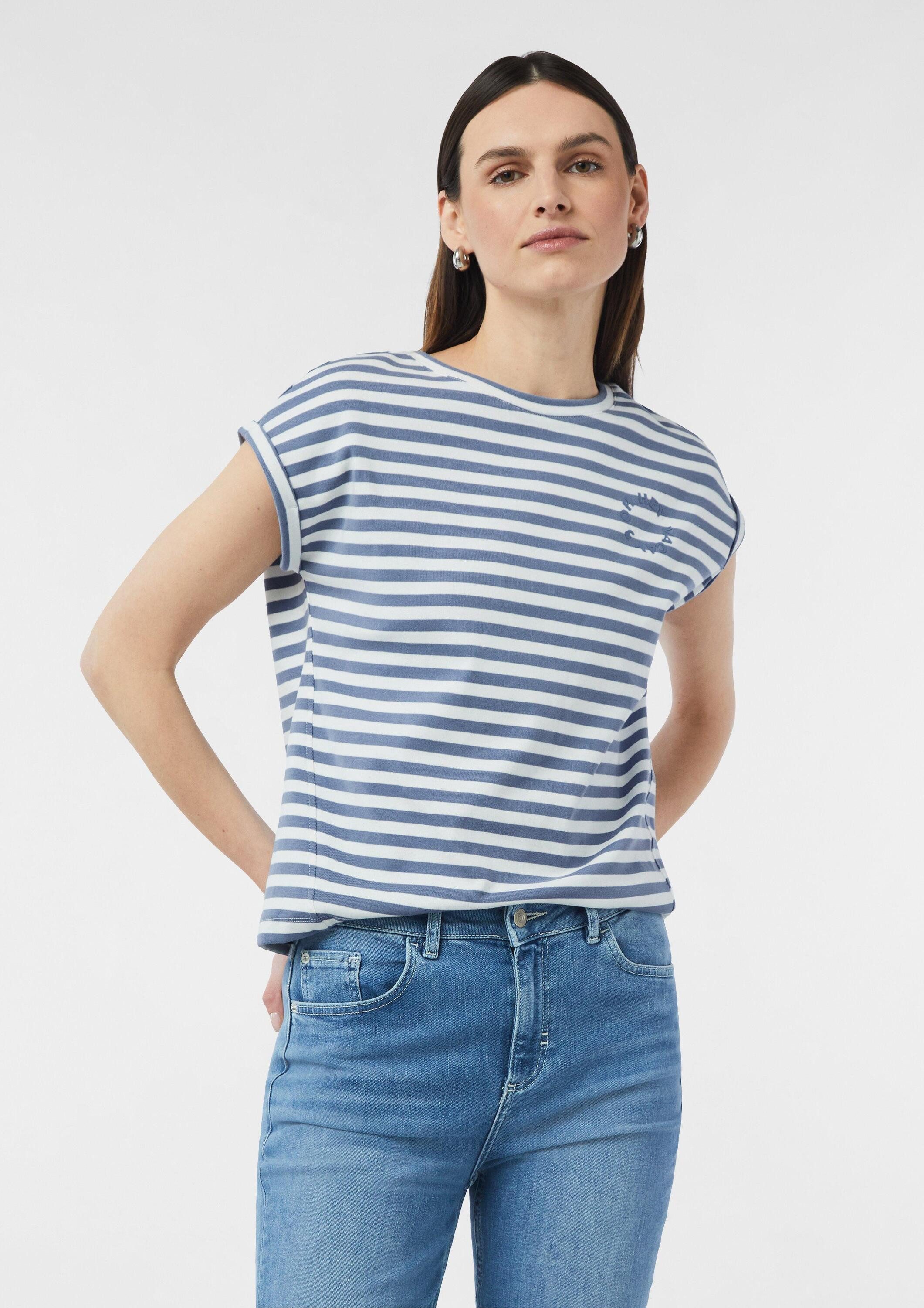 comma Kurzarmshirt T-Shirt Gestreiftes Baumwoll-T-Shirt mit überschnittenen Schultern