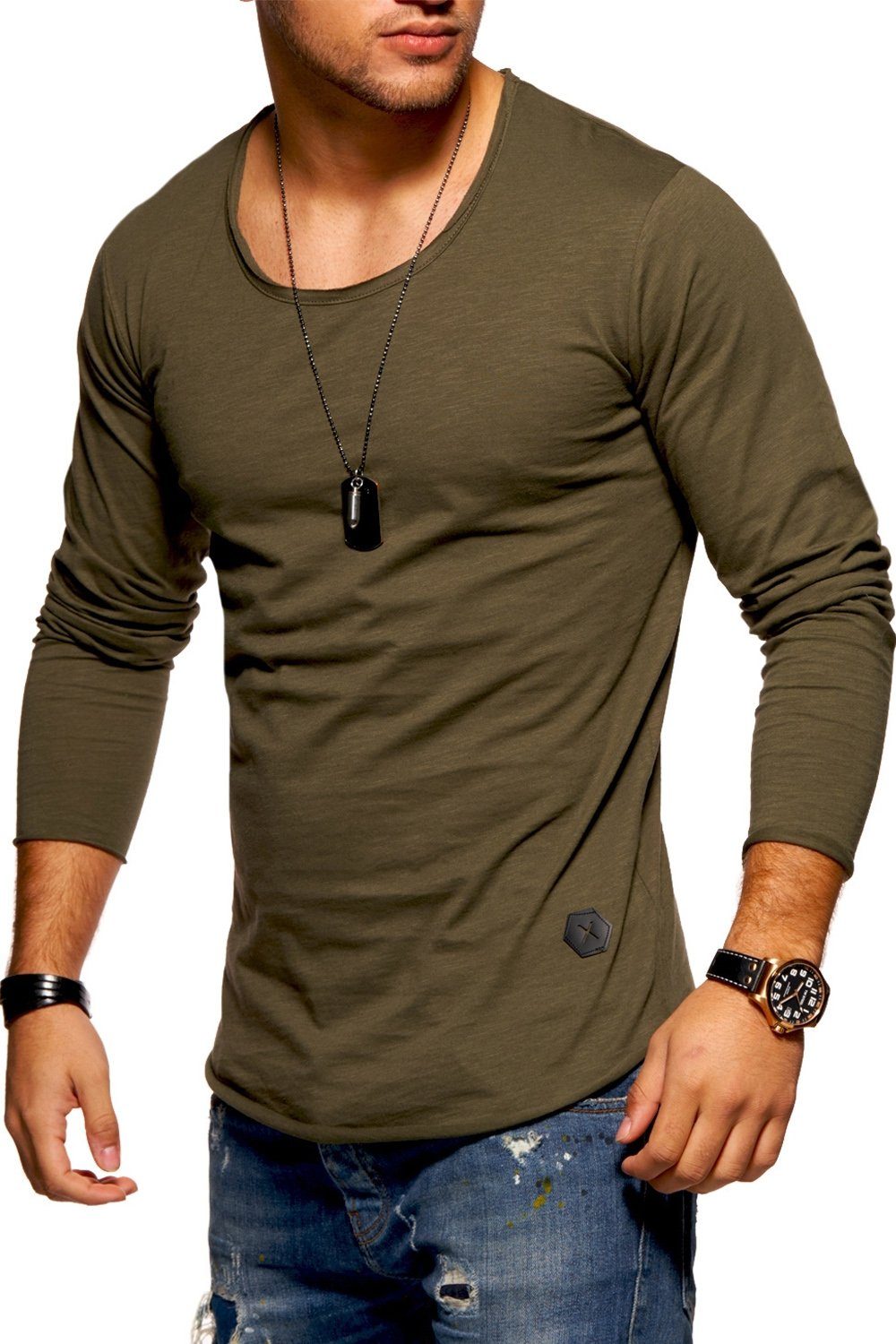 behype Langarmshirt Dust khaki L/S Halsausschnitt mit weitem