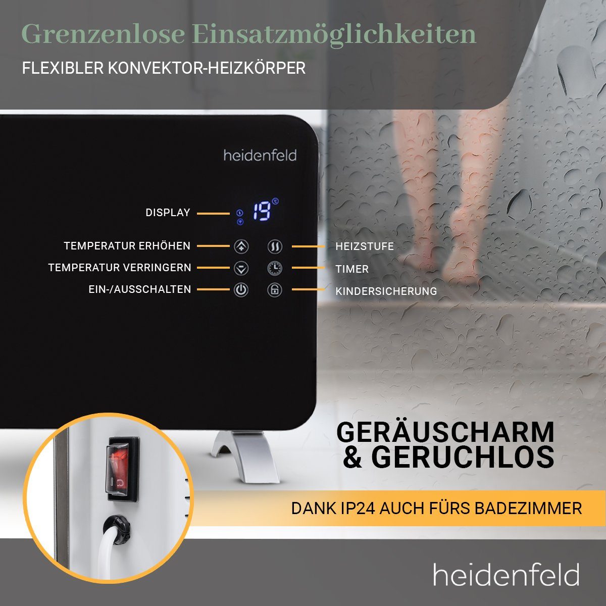 Heidenfeld Konvektor Glaskonvektor GK200 - Elektro Schwarz Garantie - inkl. W, 3 Jahre 2000 2000 Smart-Home - W Kindersicherung WLAN Heizung LED-Display Heizgerät, mit