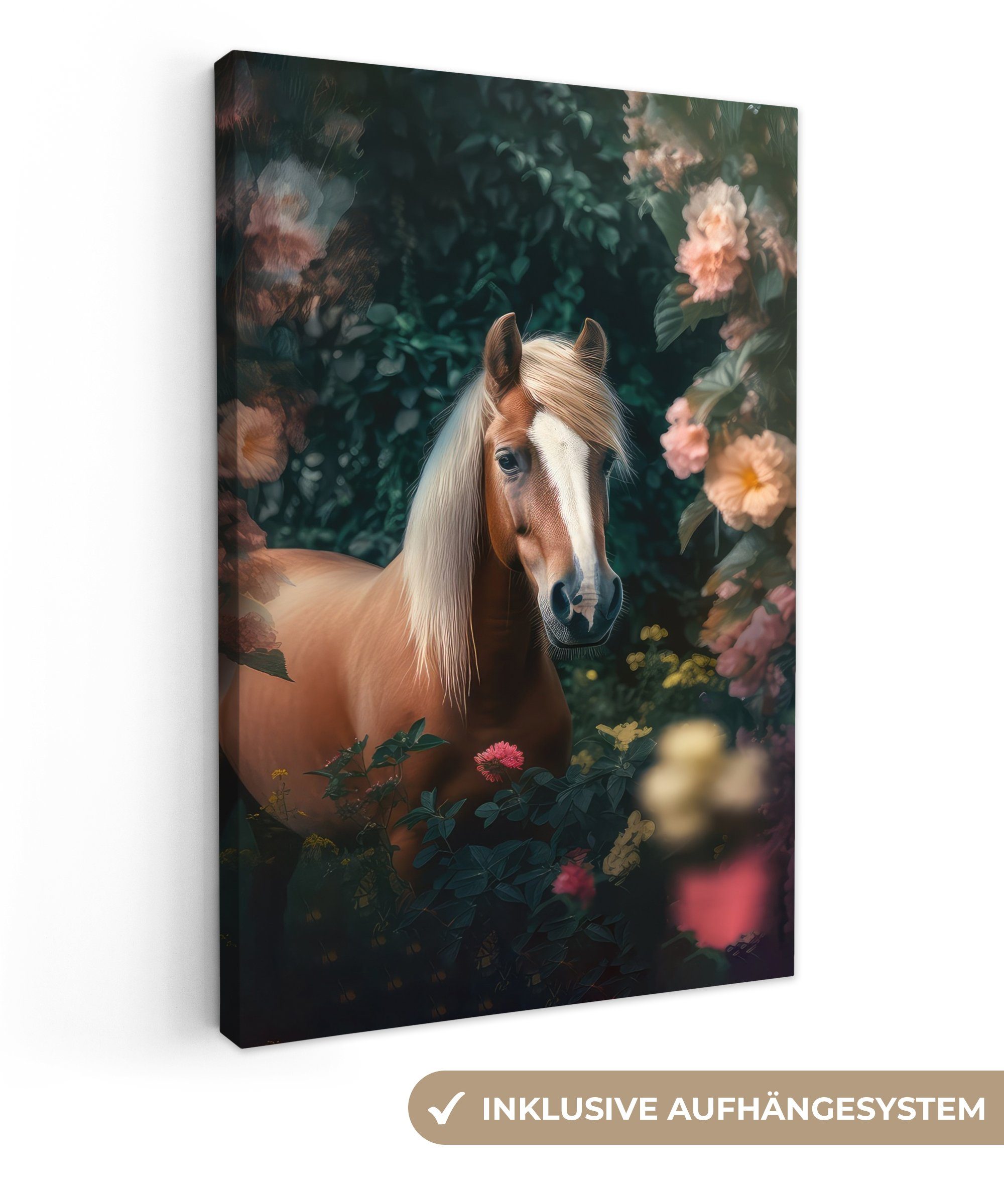 Leinwandbild - - - Gemälde, Natur St), 20x30 bespannt (1 - Pferd cm fertig Wald Blumen inkl. Tiere, Leinwandbild Zackenaufhänger, OneMillionCanvasses®