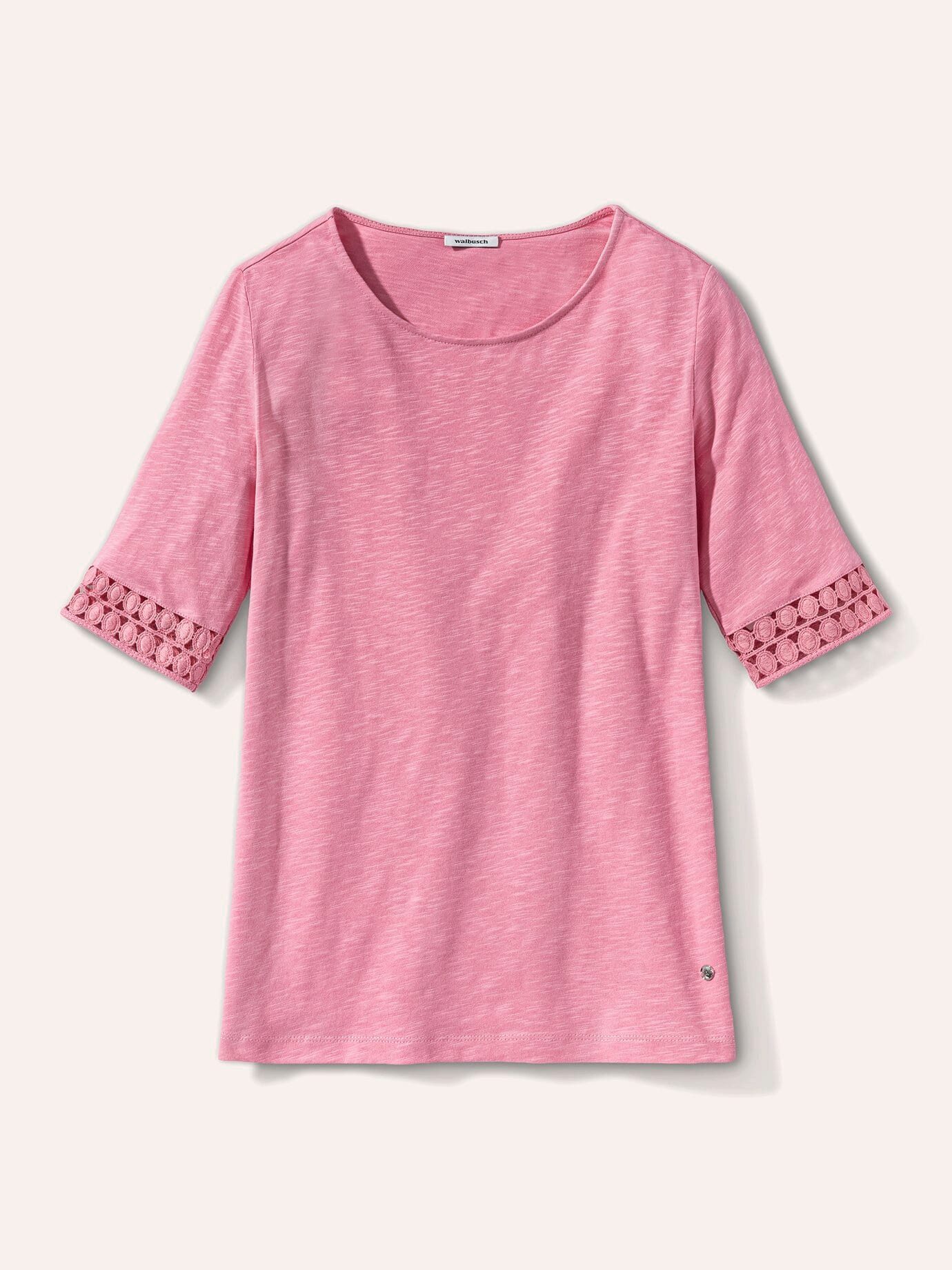 Walbusch T-Shirt Damen Baumwollshirt Dekospitze T-Shirt Rundhals Kurzarm Regular-Fit Halbarm, Rundhals