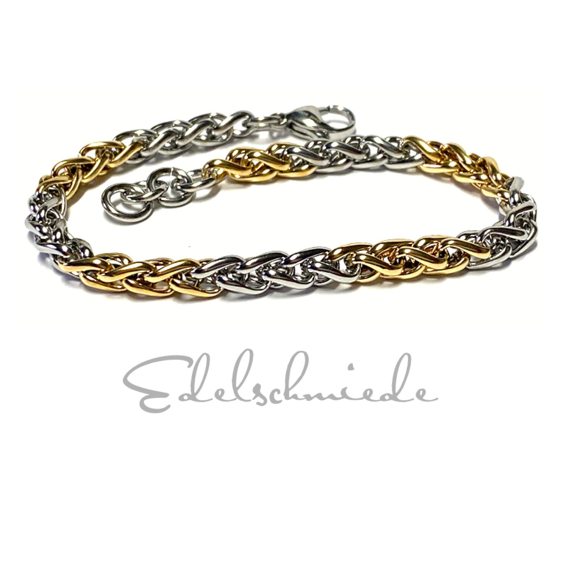 Edelschmiede925 Silberkette Armband Edelstahl bicolor Zopfkette robust 21-23cm