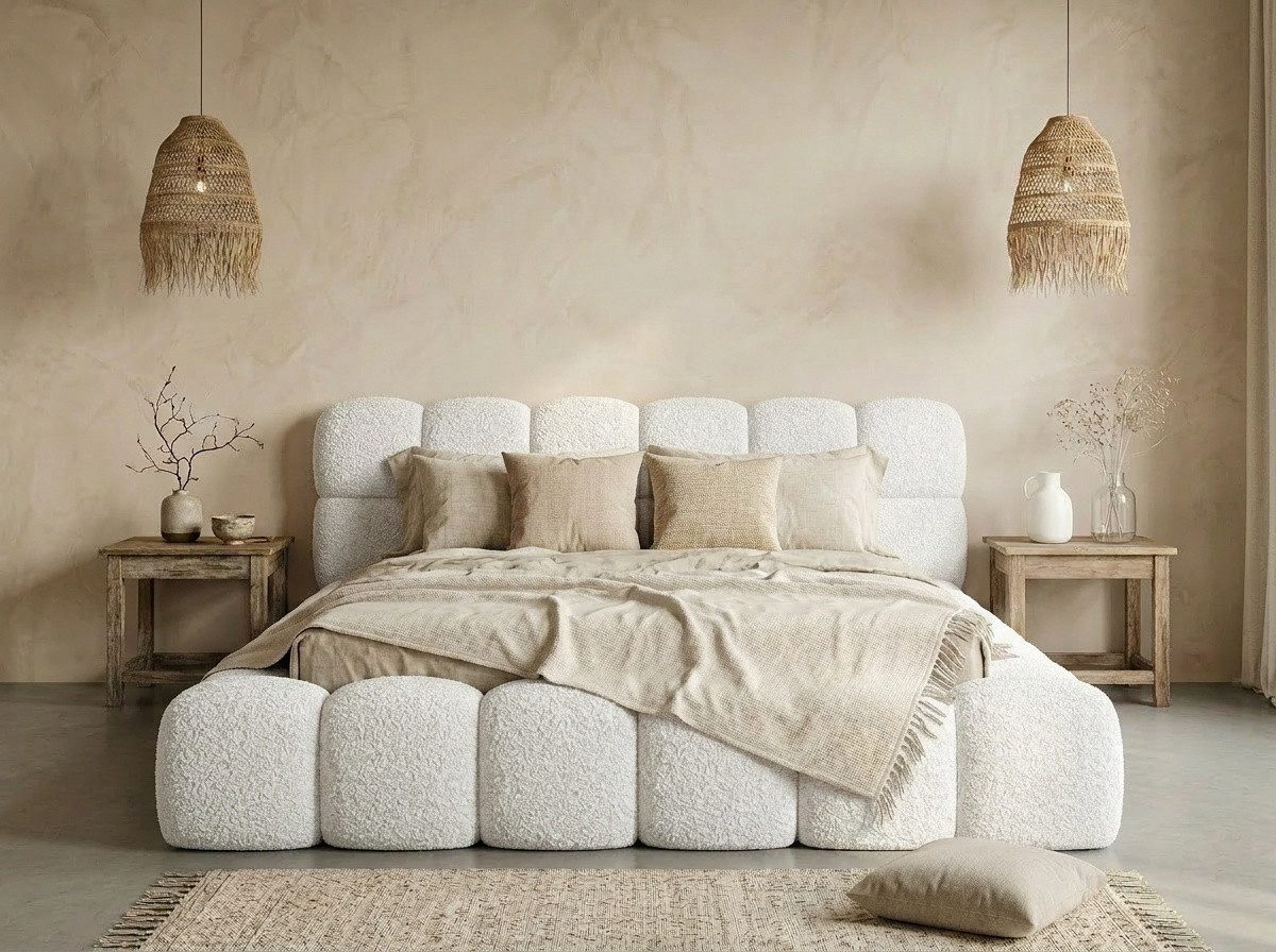 yourhouse24 Polsterbett Boston im trendigen Japandi-Stil, Bouclé / Teddy-Stoff (Wolkenbett mit Stauraum), TOPSELLER MADE IN EU