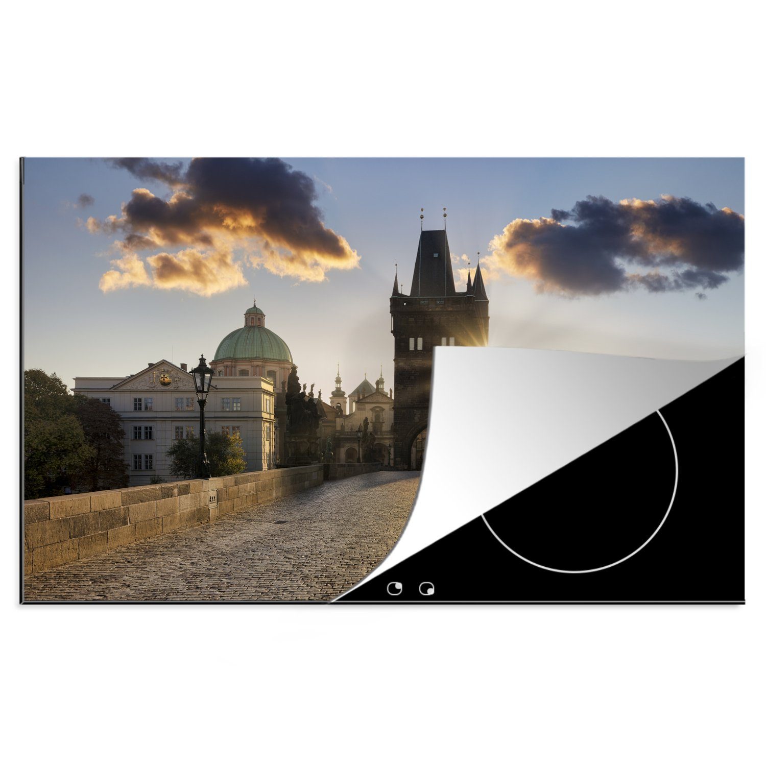 MuchoWow Herdblende-/Abdeckplatte Eine strahlende Morgensonne über der Karlsbrücke in Prag, Vinyl, (1 tlg), 81x52 cm, Induktionskochfeld Schutz für die küche, Ceranfeldabdeckung