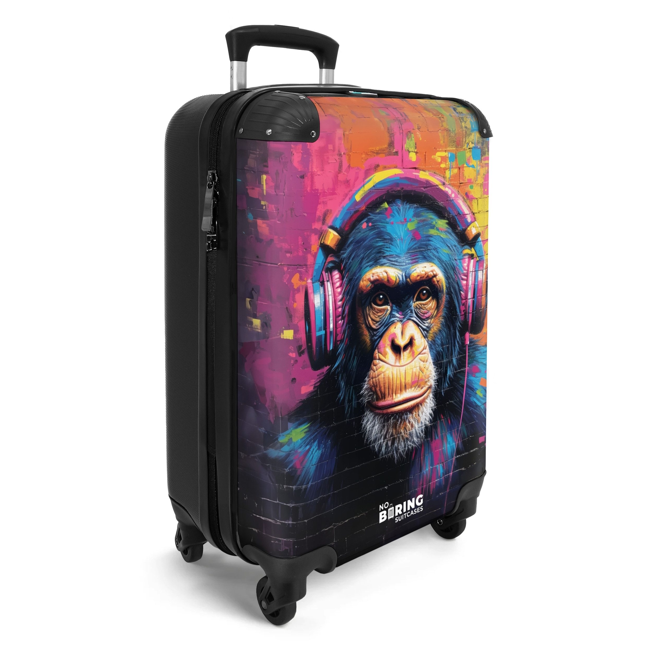 NoBoringSuitcases.com© Hartschalen-Trolley Buntes Äffchen mit Kopfhörern günstig online kaufen