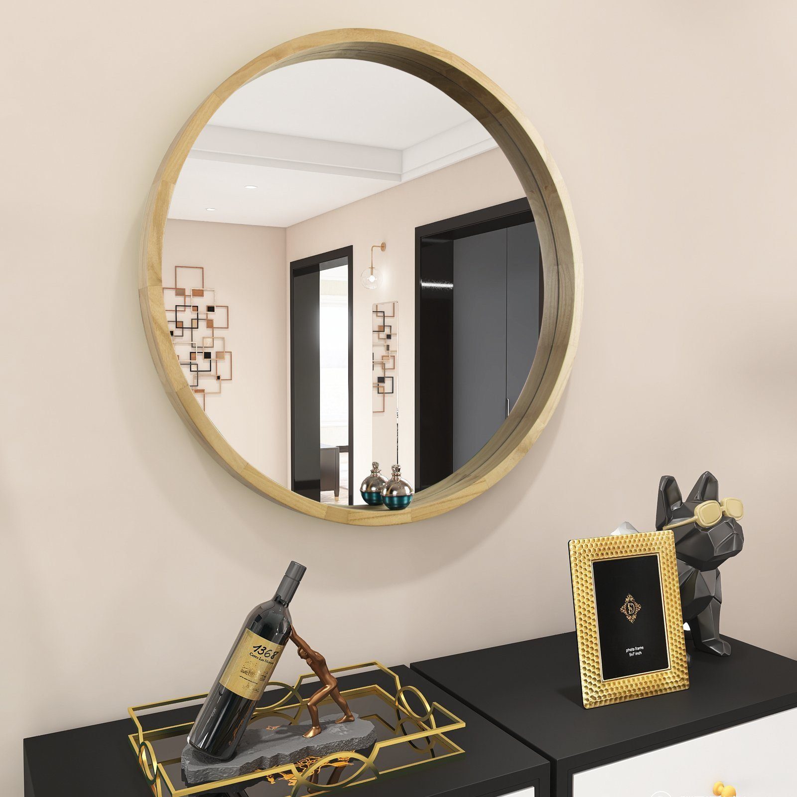 SOFTWEARY Badspiegel Spiegel mit Holzrahmen, Wandspiegel, rund, Ø 76.5 cm