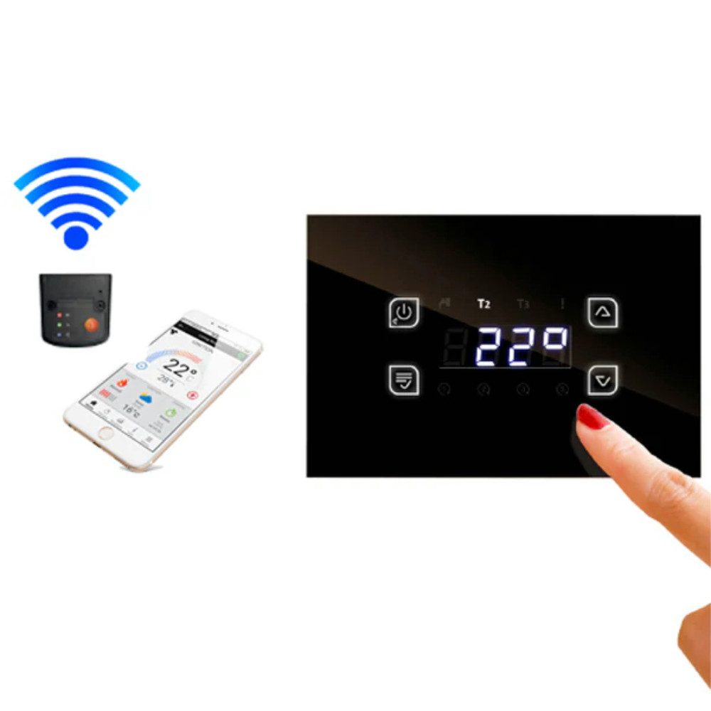 ganz24 Thermodetektor Glass Touch Temperatur-Differenzregler für Kaminöfen, Holzkessel etc., Environ GLH110 Steuerung mit Zubehör, Glass Touch Display