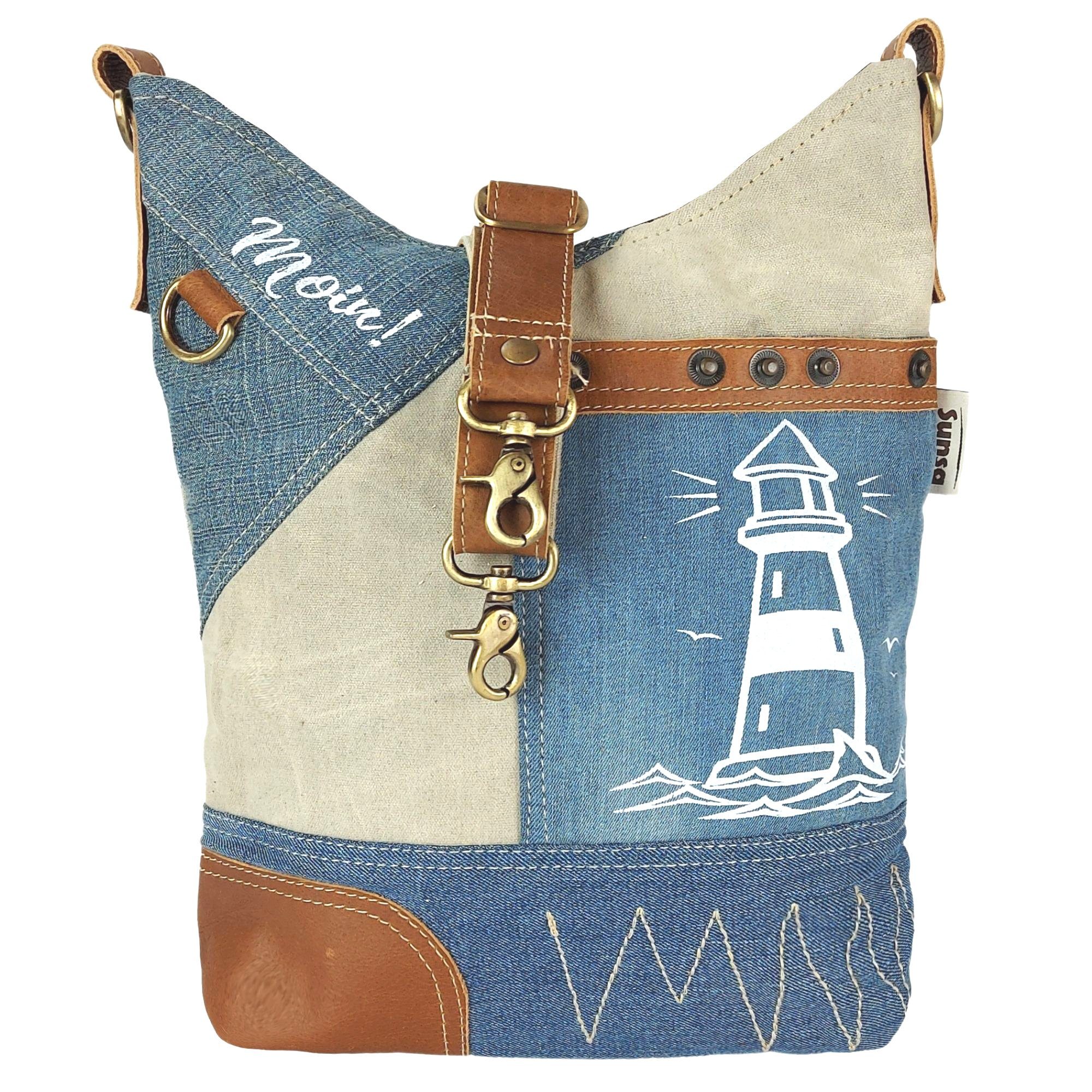 Sunsa Umhängetasche Damen Umhängetasche. Maritim Schultertasche aus Canvas/ recycelte Jeans & Leder. Vintage Still Crossbody Tasche. Nachhaltig Handtasche. 52624, enthält recyceltes Material, Steckfach an der Frontseite