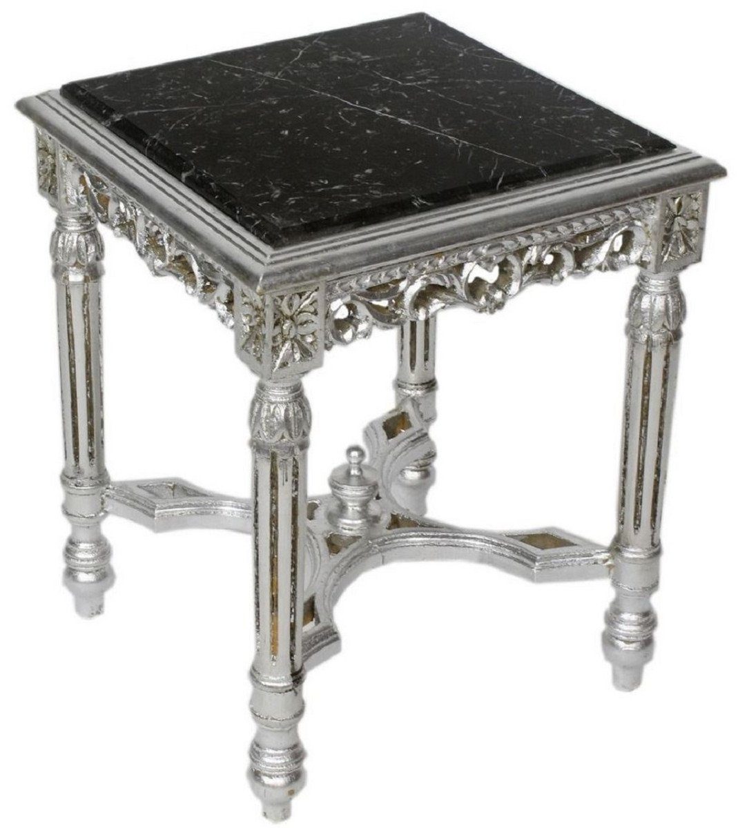 Barock Schwarz - Beistelltisch Massivholz / Barock Tisch - Beistelltisch Marmorplatte Handgefertigter mit Möbel Casa Padrino Silber