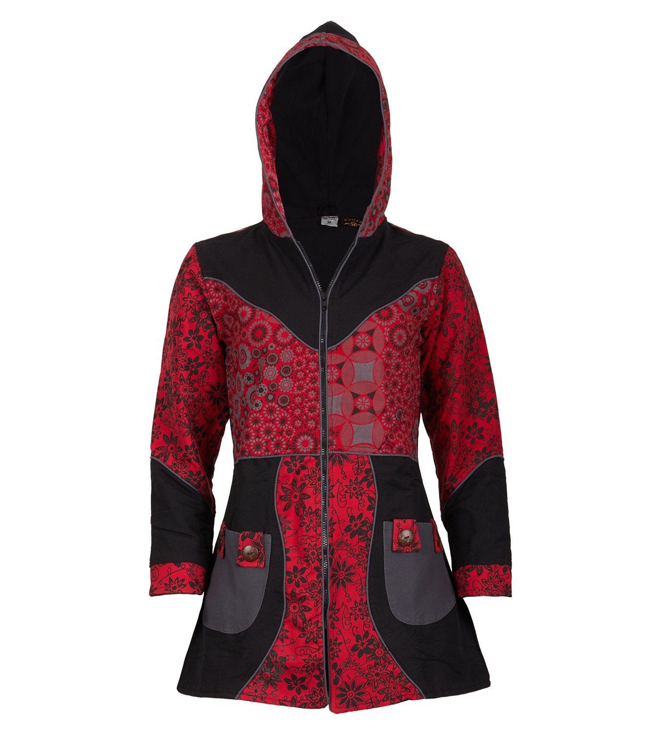 Langjacke Kunst und Magie Damenmantel + Kapuze Blumenmuster Jacke Baumwolle Boho