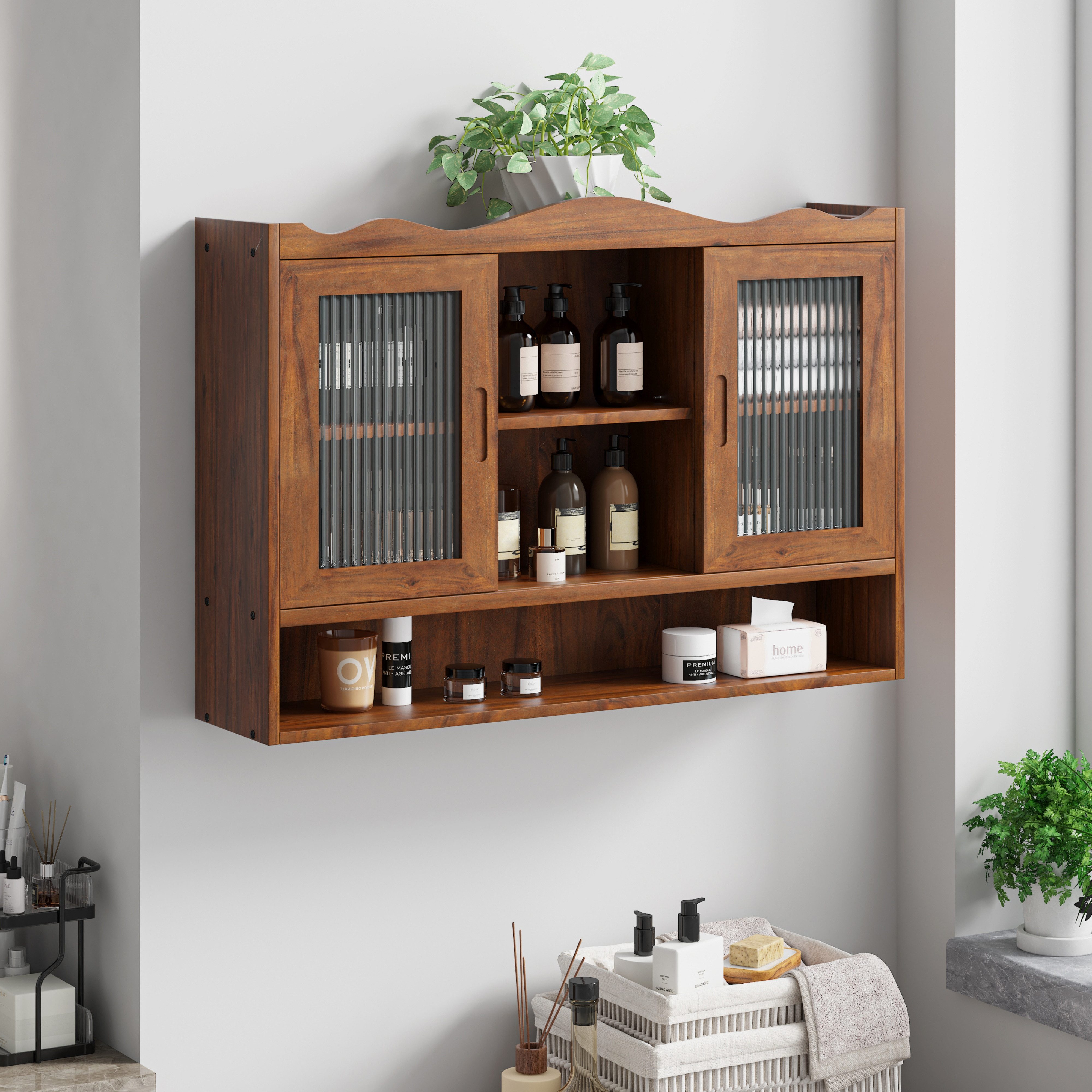 HAUSS SPOLE Hängeschrank 90cm Küchenschrank Badzimmerschrank mit Schiebetüren,Braun