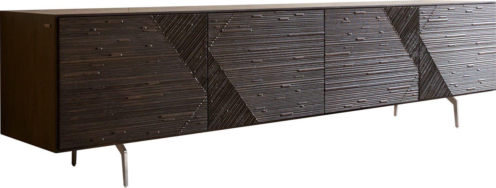 DELIFE Lowboard Tereos, Esche Dunkelbraun 3D Effekt 220 cm 4 Türen Winkelfuß Edelstahl gebürst