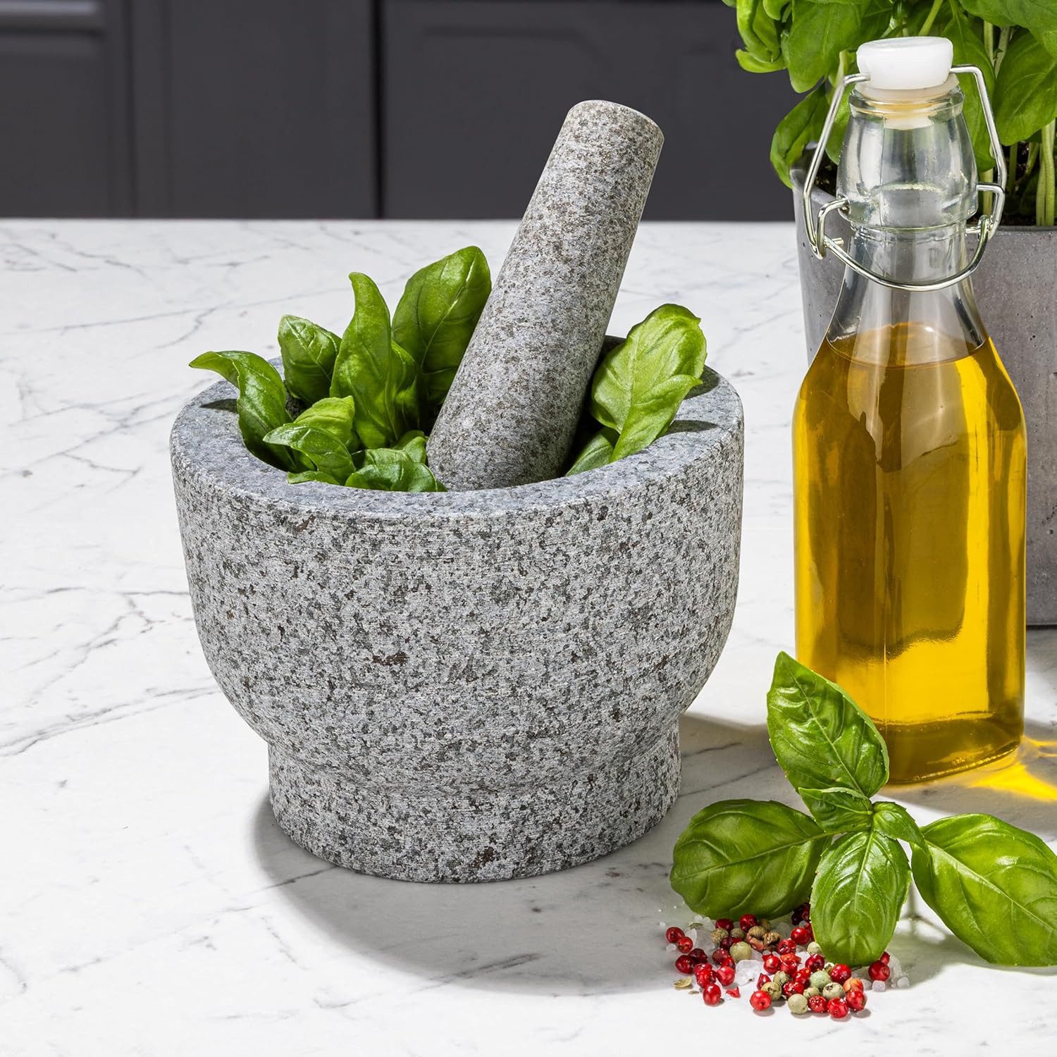 mucHome Mörser Granit Mörser und Stößel, Granitmörser für Gewürze Steinmörser Ø 15 cm