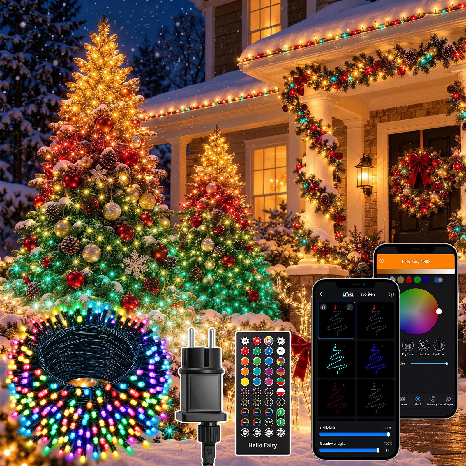 XIIW LED-Lichterkette Weihnachtsbeleuchtung 20m 200 LEDs Warmweiß RGB App Musik-Sync Außen, 100+ Szenen, Gruppen bis 8, Timer, 3m EU-Netzteil Grün Kabel