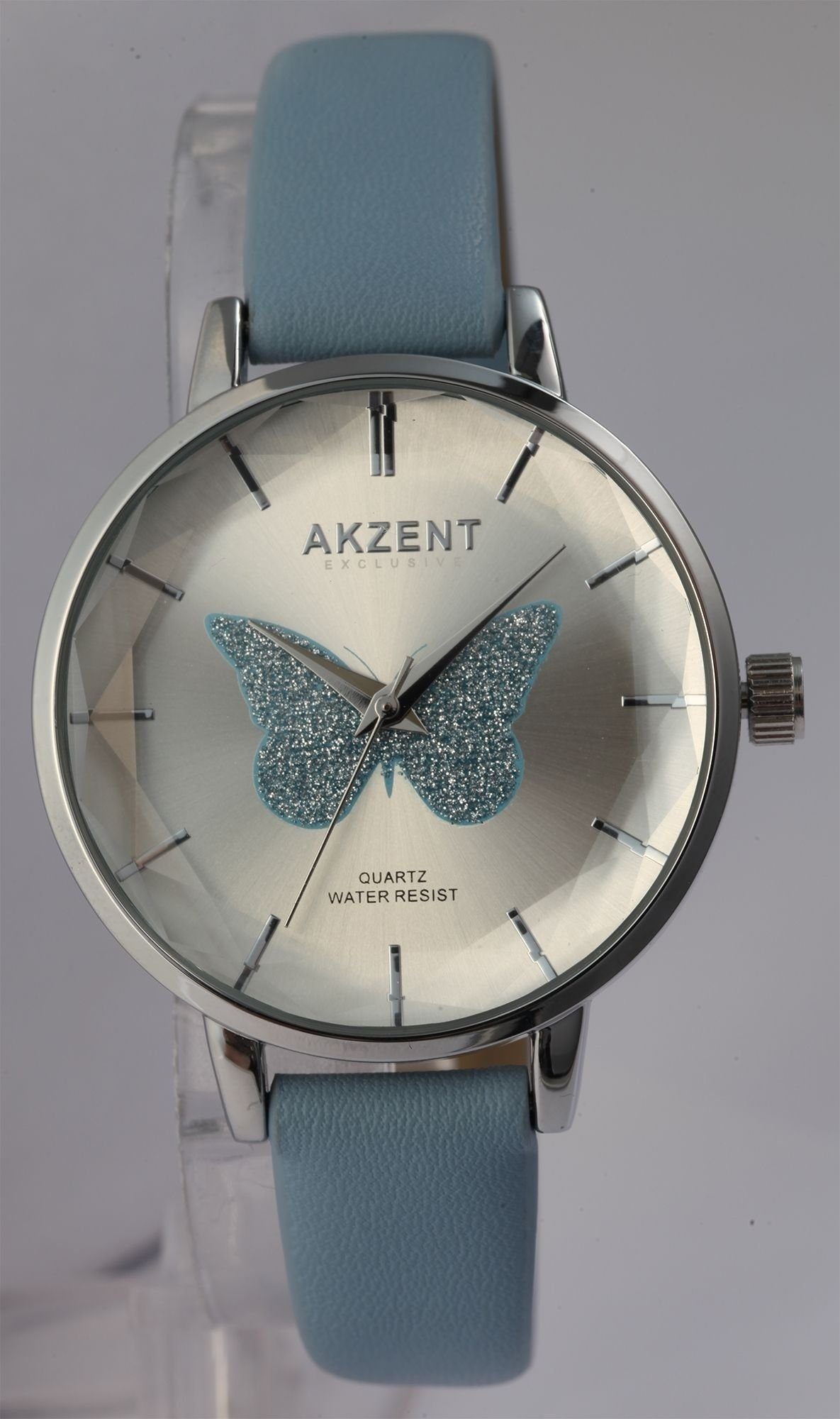 AKZENT Quarzuhr Fly Damen Armbanduhr mit Lederimitationsband Schmetterling silberfarbig