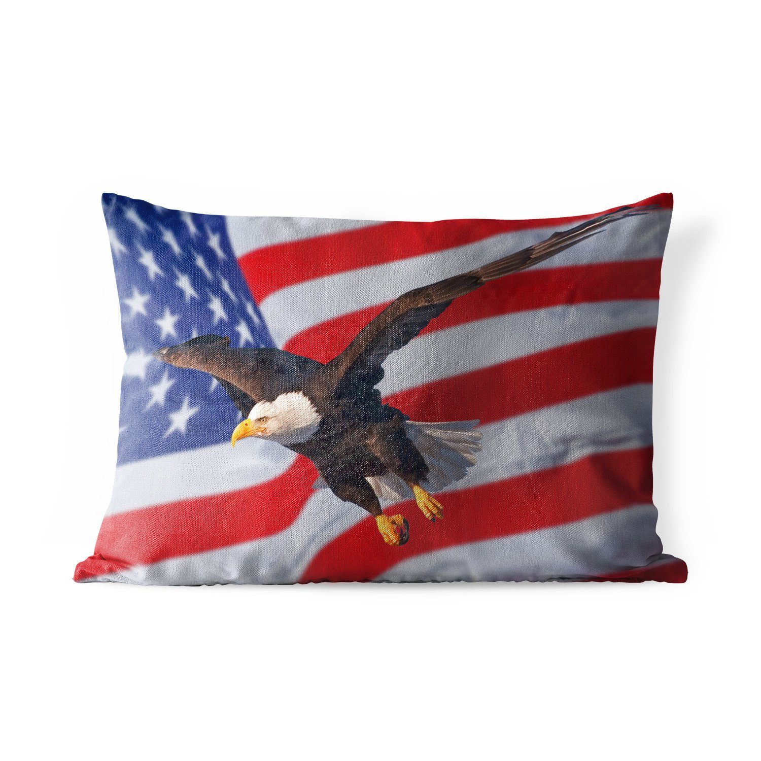 MuchoWow Dekokissen Amerikanischer Weißkopfseeadler vor der amerikanischen Flagge, Outdoor-Dekorationskissen, Polyester, Dekokissenbezug, Kissenhülle
