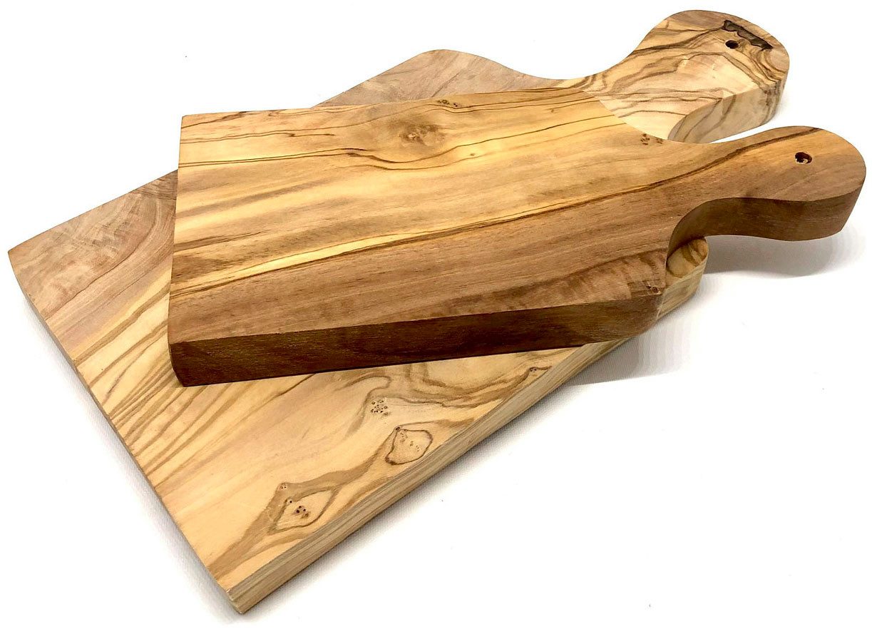Olivenholz-erleben Schneidebrett mit Griff aus hochwertigem naturbelassenem Olivenholz, Massivholz, (Set, 2-St., 1x kleines Brett mit Griff, 1x großes Brett mit Griff), Einzigartige Maserung, Brett mit Griff, Kräuterbrett und Schneidebrett