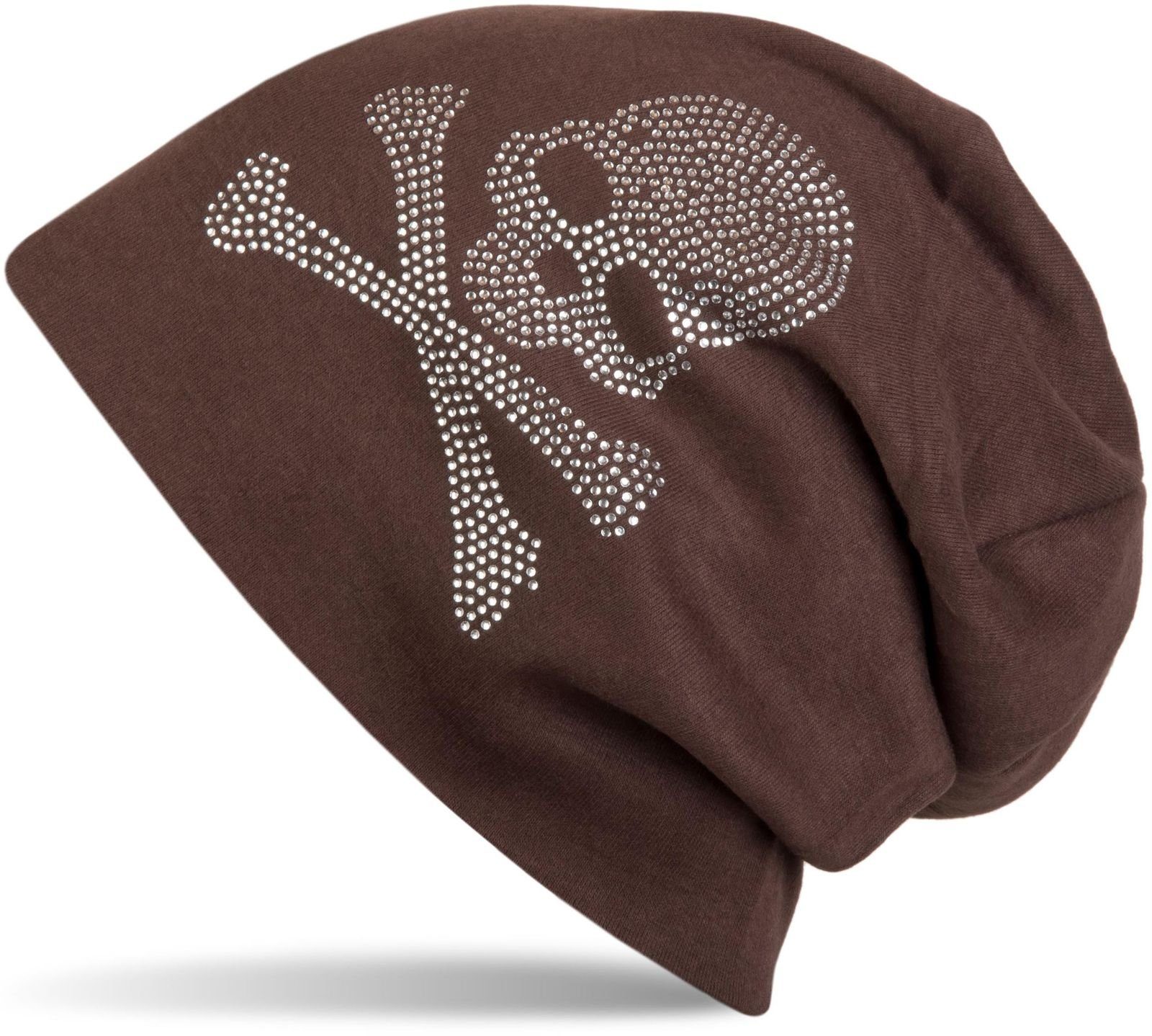 styleBREAKER Beanie (1-St) Beanie mit Strass Totenkopf Dunkelbraun