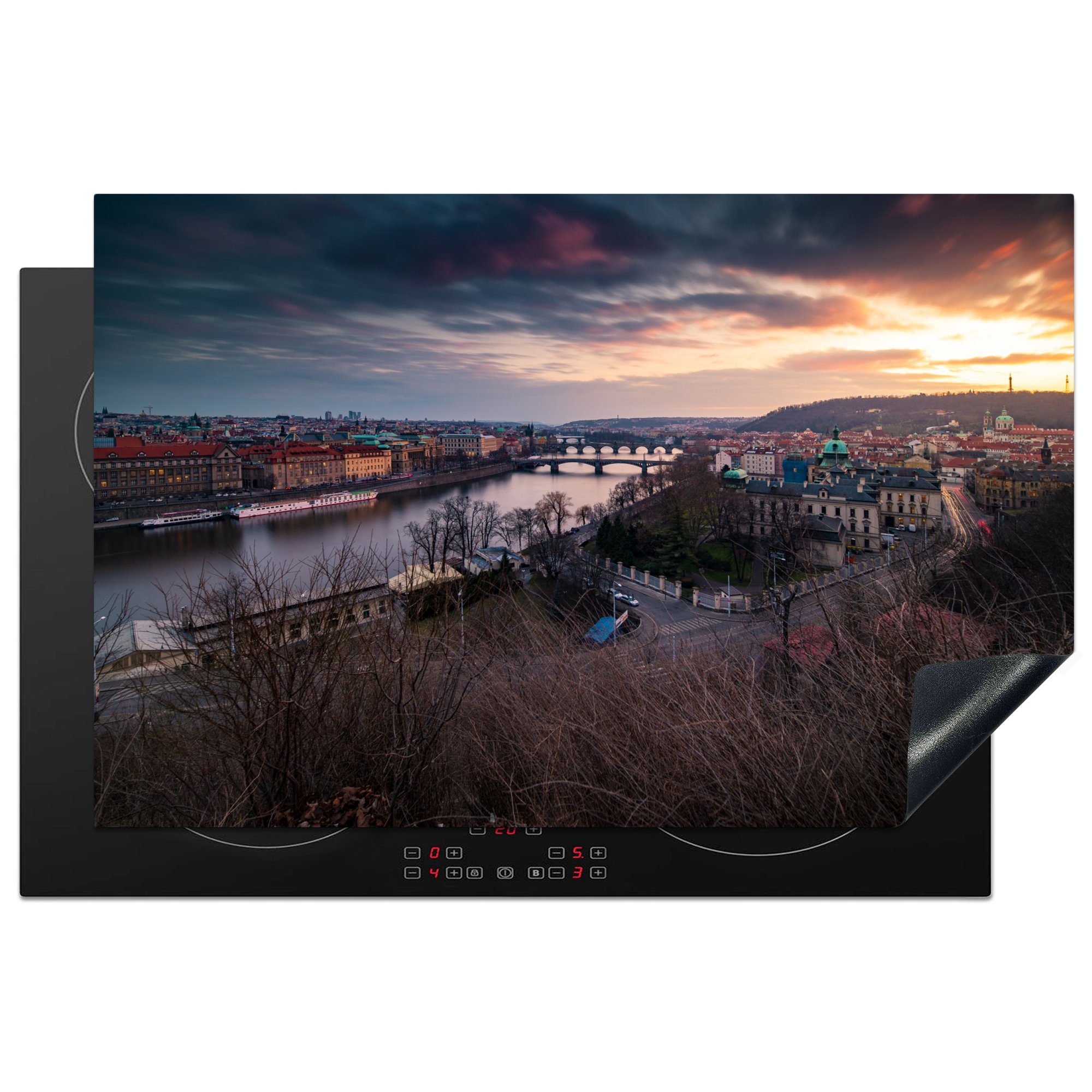MuchoWow Herdblende-/Abdeckplatte Luftaufnahme des Sonnenuntergangs an der Moldau in Prag, Vinyl, (1 tlg), 81x52 cm, Induktionskochfeld Schutz für die küche, Ceranfeldabdeckung