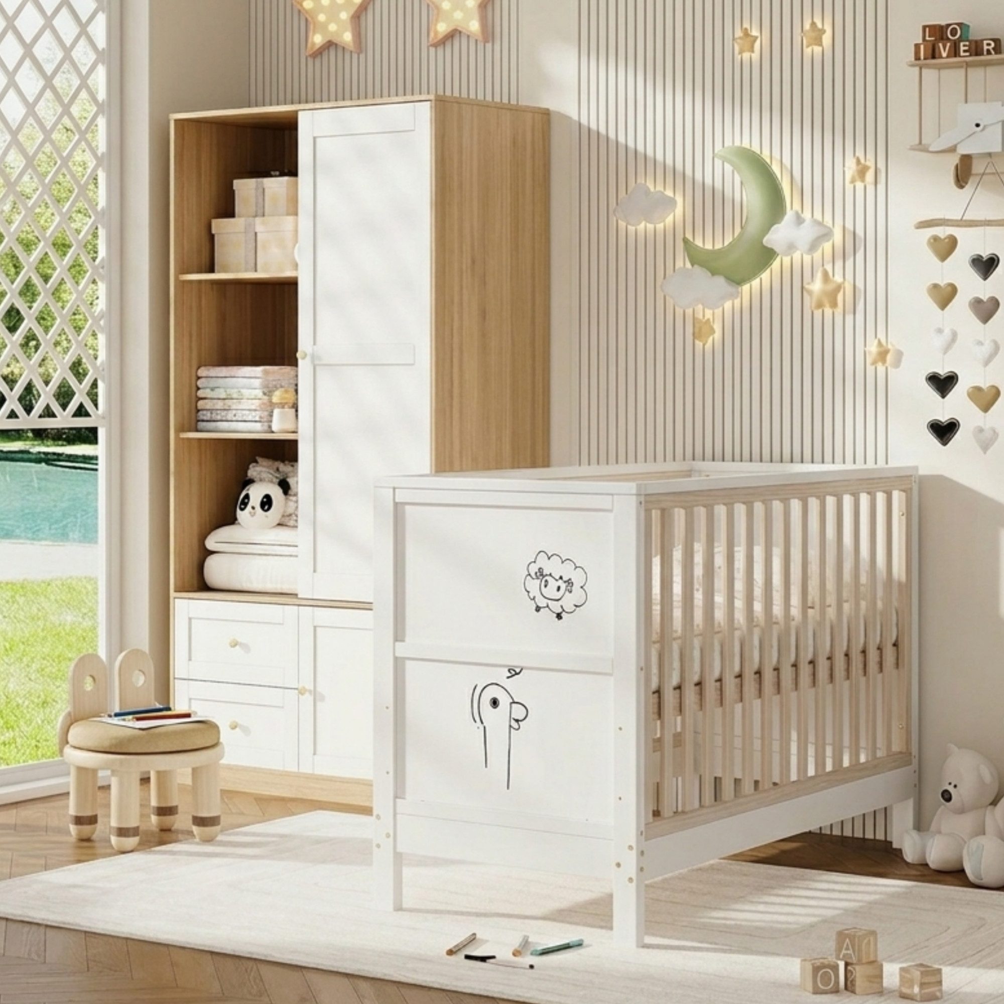 MIBODE Babymöbel-Set Gitterbett & Kleiderschrank Set aus Massivholz, Natur