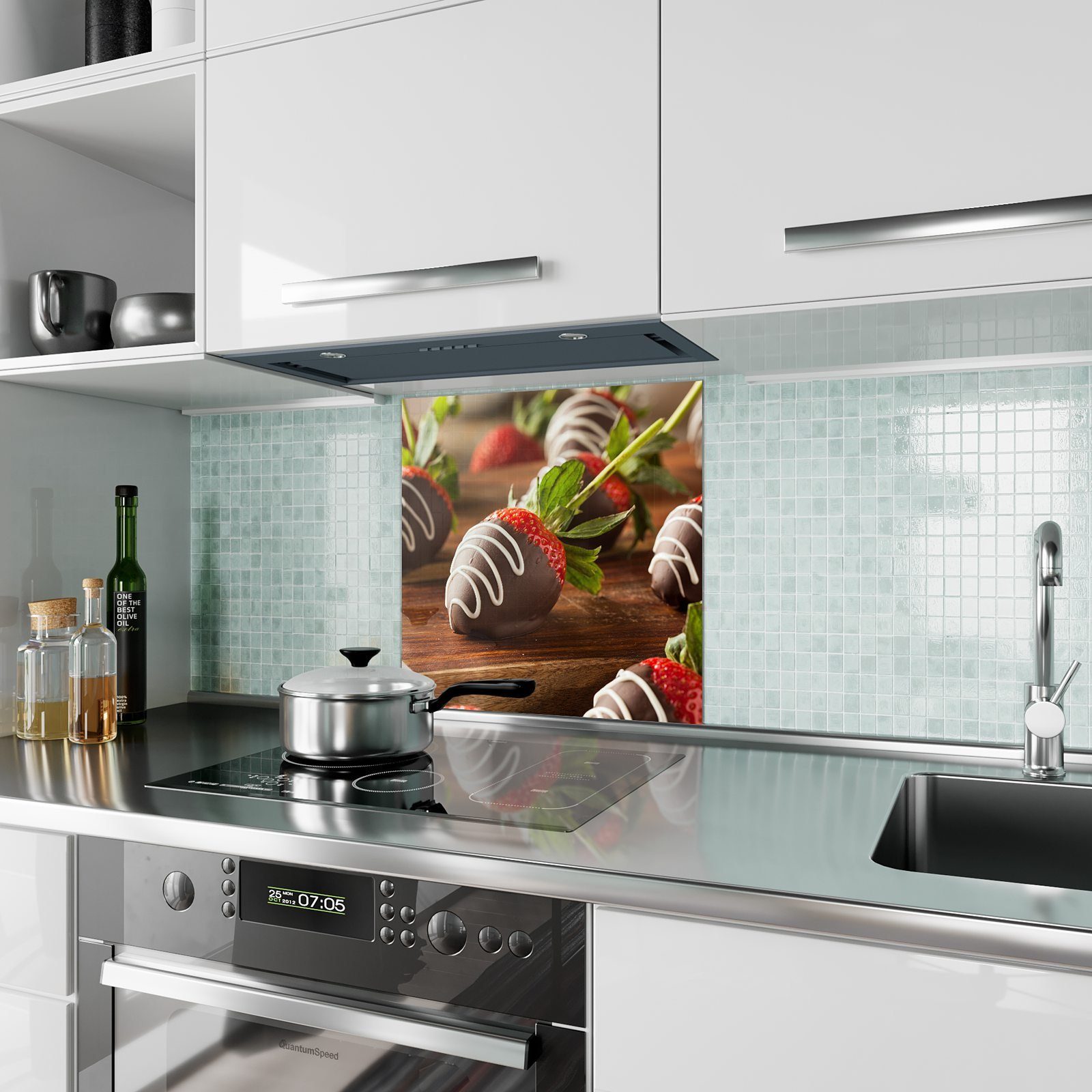 Küchenrückwand Glas Primedeco Spritzschutz Schokoladenerdbeeren