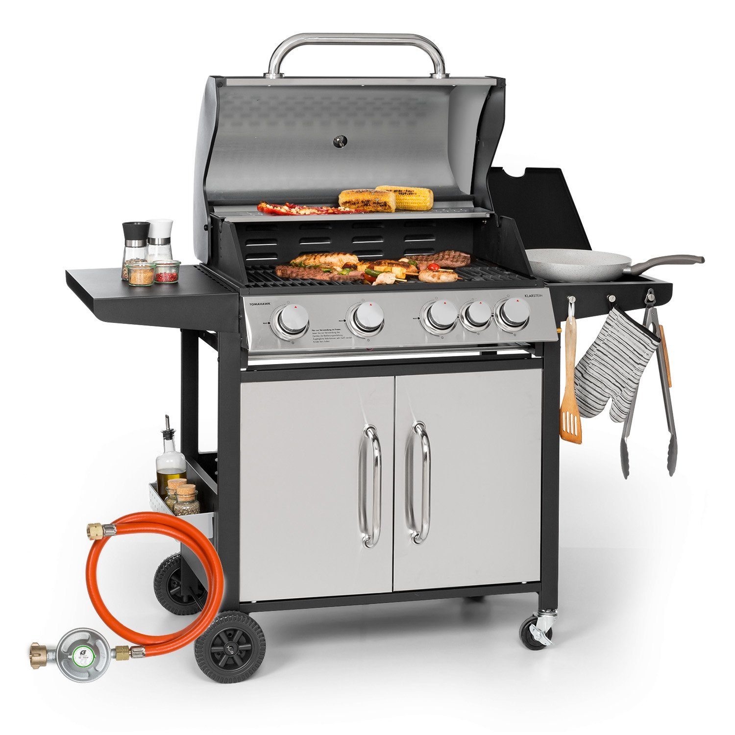 Klarstein Gasgrill Tomahawk, Grill Camping Outdoor Thermometer 4+1-Brenner Wok-Seitenbrenner